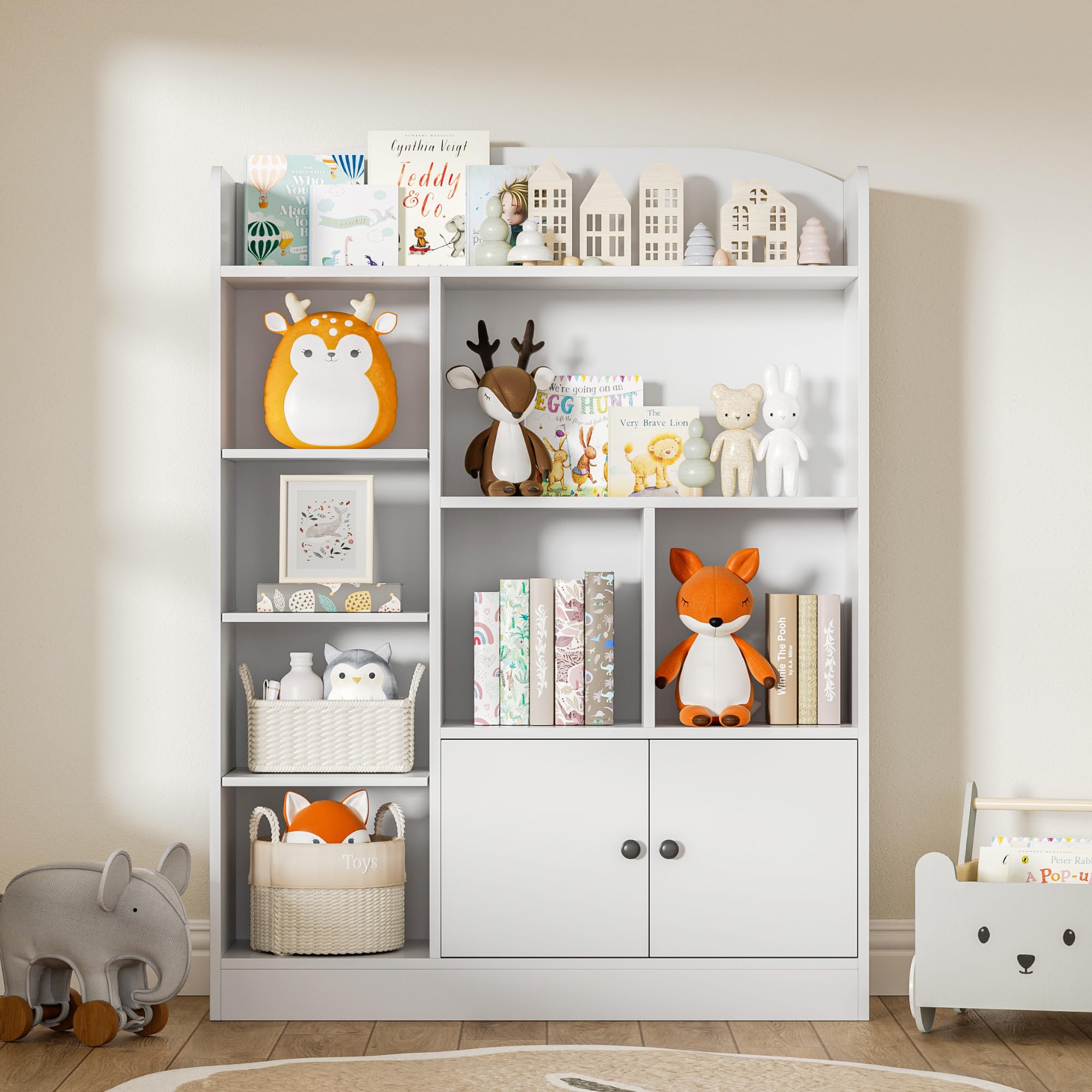 White Kids Bookshelf - 7 Cubbies & 2 Cabinets Book Storage Organizer for Bedroom, Playroom, Nursery | Sturdy Freestanding Bookcase for Children's Books, Toys & Decor | Perfect for Reading Nooks, Daycare & Homeschool Classrooms