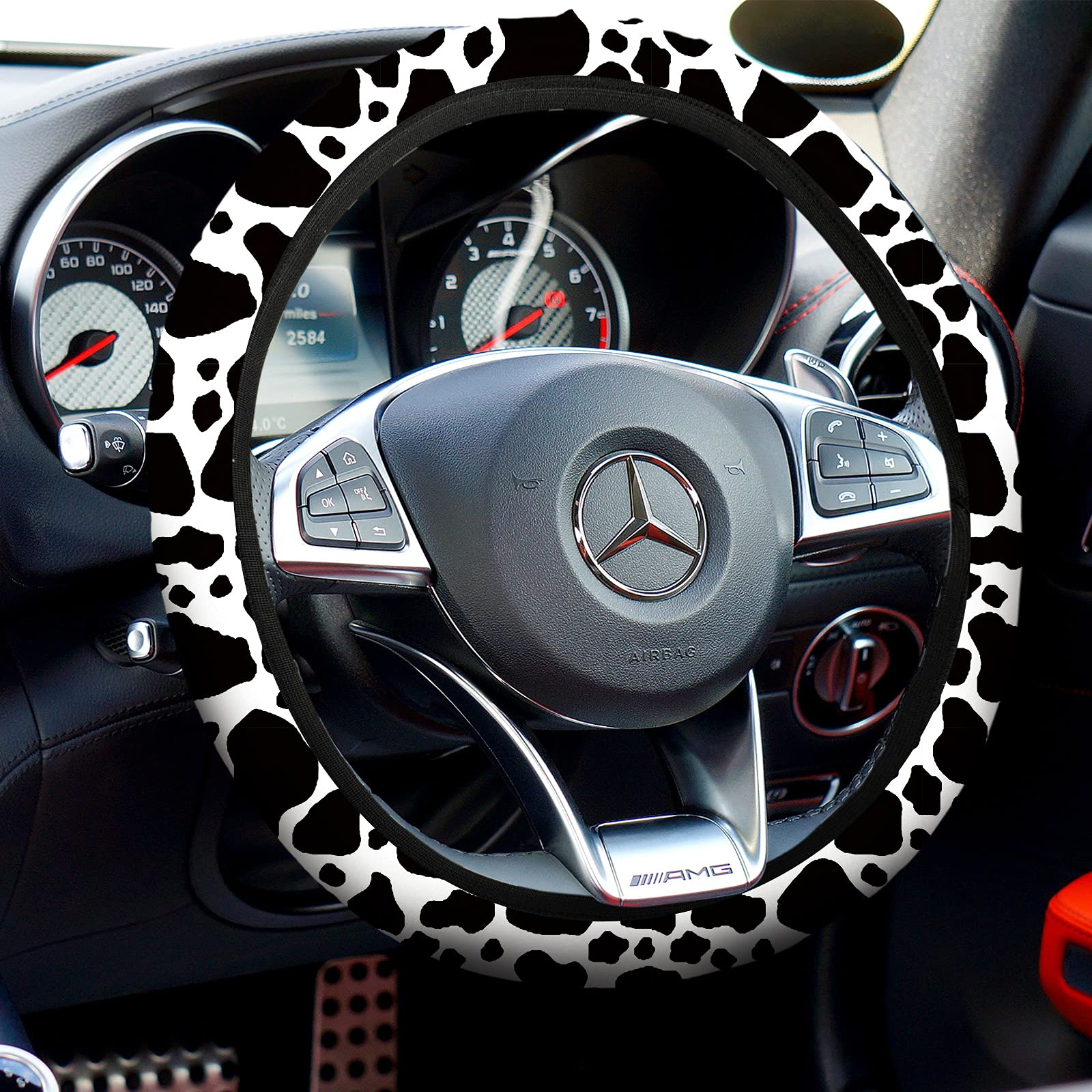 Cow Print Car Accessories Set - Stylish Car Seat Cover, Steering Wheel Cover, Cup Holders & Keyring for Women & Men - Fits Most Cars & SUVs (Black & White Cow Pattern) - Perfect for Road Trips, Daily Commutes & Car Enthusiasts