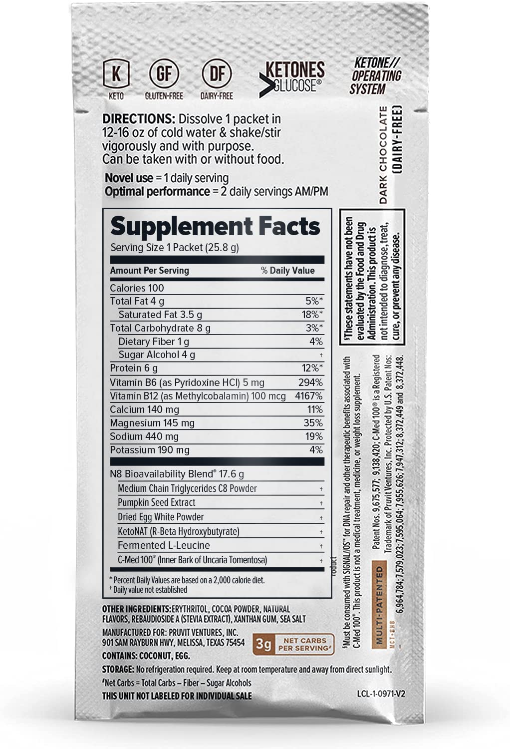 Pruvit Keto//OS Pro Dark Chocolate + MCT Ketones Supplement - 20 Pack for Energy Boost, Digestion & Anti-Aging | Perfect for Keto Diet, Weight Management & Active Lifestyle