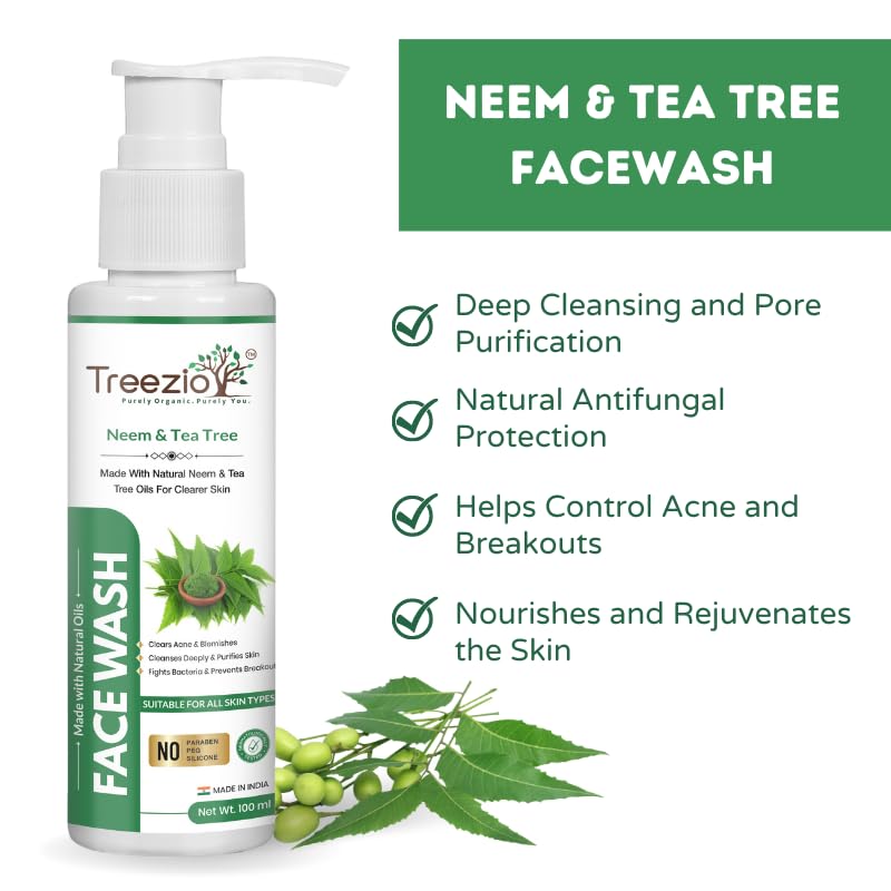 TREEZIO - Neem & Tea Tree Face Wash for Acne & Pimples - Deep Cleansing & Purifying Facial Cleanser - Paraben Free, Silicone Free - Suitable for Men & Women - Pack of 2 (100 ml Each) - Perfect for Daily Skincare Routine & Travel