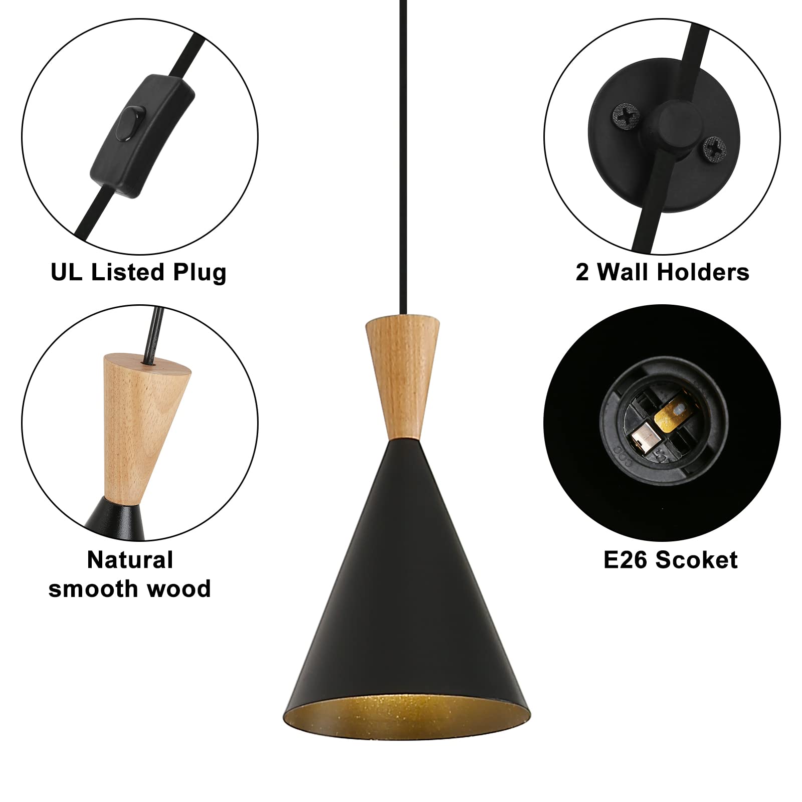 Modern Small Black Pendant Light Fixture with Plug-in Cord - Wood & Metal Cone Design Ceiling Hanging Lamp - 11.5ft Adjustable Rope - Wall Mountable for Kitchen Island, Dining Room, Bedside, Living Room, Office Lighting Decor