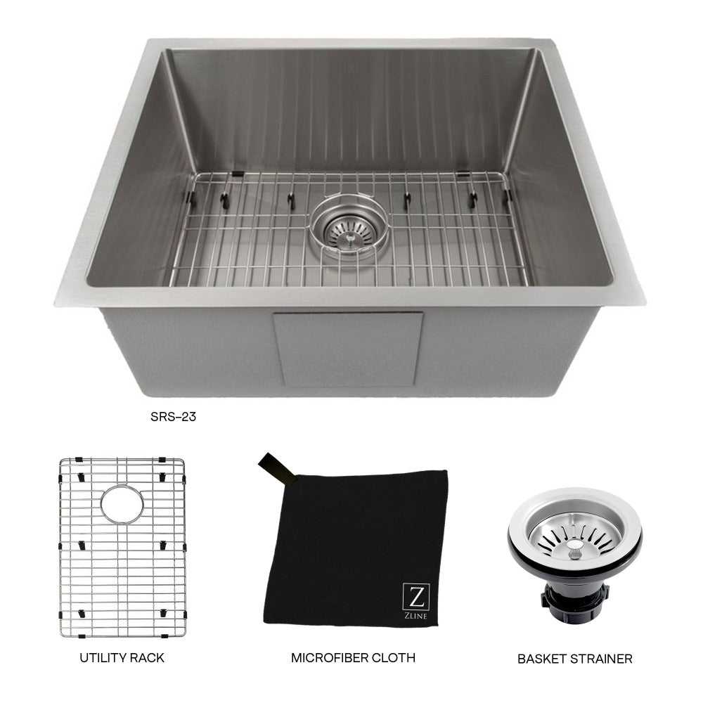 ZLINE Meribel 23-Inch Undermount Single Bowl Stainless Steel Kitchen Sink with Bottom Grid (SRS 23) - Perfect for Modern Kitchens, Dishwashing & Food Prep
