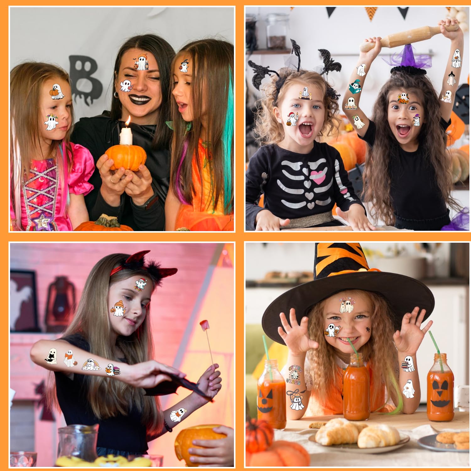 144 PCS Halloween Ghost Temporary Tattoos Stickers - Spooky Party Favors for Kids, Teens & Adults - 24 Sheets - Perfect for Halloween Parties, Costume Accessories & Trick-or-Treat Fun