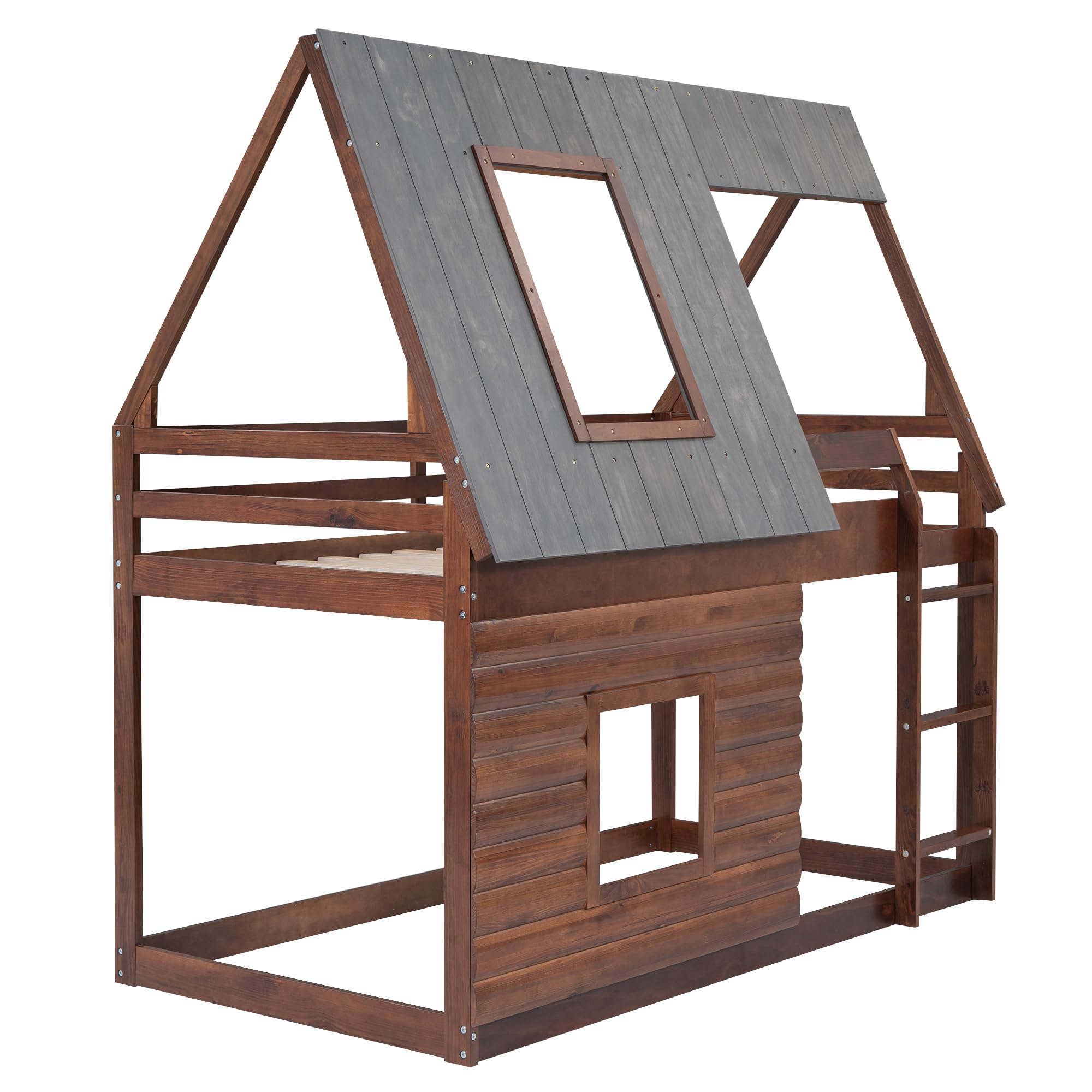 P PURLOVE Twin Over Twin Kids House Bunk Bed with Roof - Wooden Loft Bed Frame with 2 Windows & Ladder - Space-Saving House-Shaped Bunk Bed for Children's Bedroom, Playroom or Small Spaces