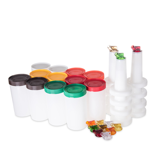 Carlisle Store N' Pour 1 Quart (1 Qt) Plastic Container Set with Assorted Color Caps, Spouts & Necks - Perfect for Food Storage, Meal Prep, and Kitchen Organization