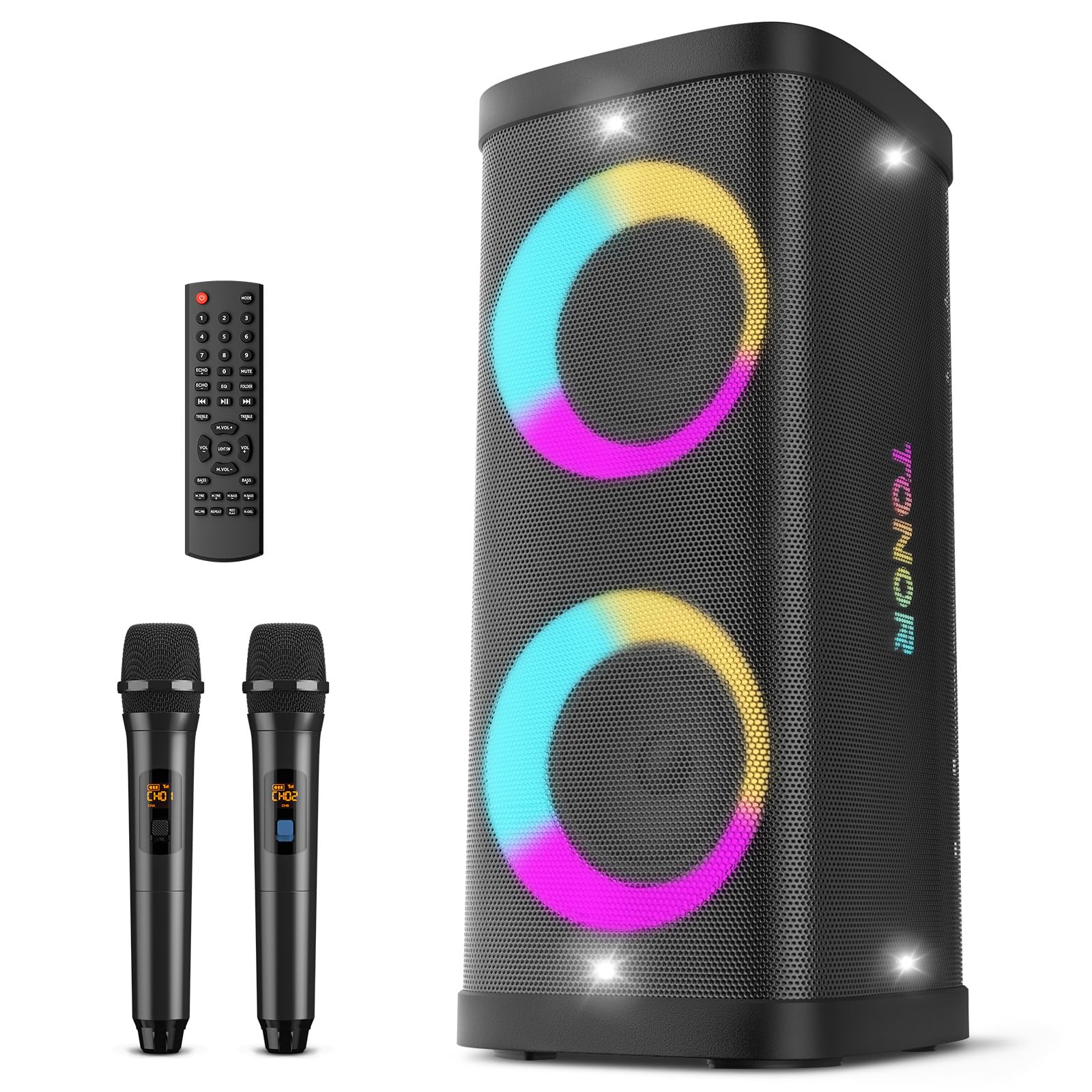 TONOR K60 Bluetooth Karaoke Machine with 2 UHF Wireless Microphones - Portable PA Speaker System with Party LED Lights, USB/TypeC/TF Support - Perfect for Home Karaoke, Outdoor Parties & Events | Singing, Dancing, Birthday Celebrations & Family Gatherings