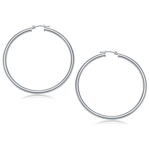 14K White Gold Polished Hoop Earrings - 50mm Diamond-Cut Classic Hoops for Women | Perfect for Everyday Wear, Parties & Special Occasions