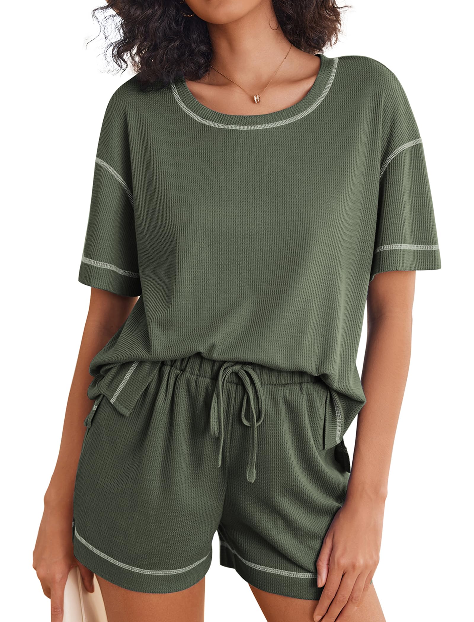 Ekouaer Women's Waffle Knit Pajama Set - 2 Piece Soft Lounge Outfit with Pockets | Cozy Sleepwear for Nighttime & Relaxing at Home
