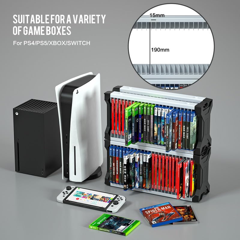 ECHZOVE Video Game Storage Tower - Vertical or Horizontal Organizer for PS5, PS4 & Xbox Games - Holds Up to 46 Disc Cases with 2 Headset Hooks - Perfect for Gaming Room Organization & Console Setup