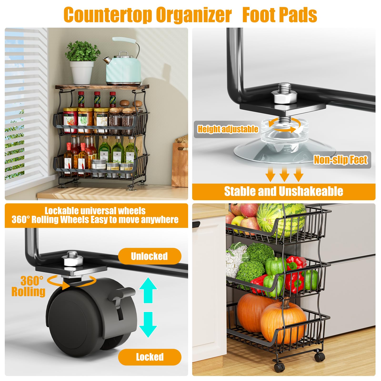 5-Tier Stackable Metal Wire Fruit & Vegetable Storage Basket with Wheels - Kitchen, Pantry & Bathroom Organizer for Fresh Produce, Snacks & Toiletries | Perfect for Home, Office & Dorm Organization