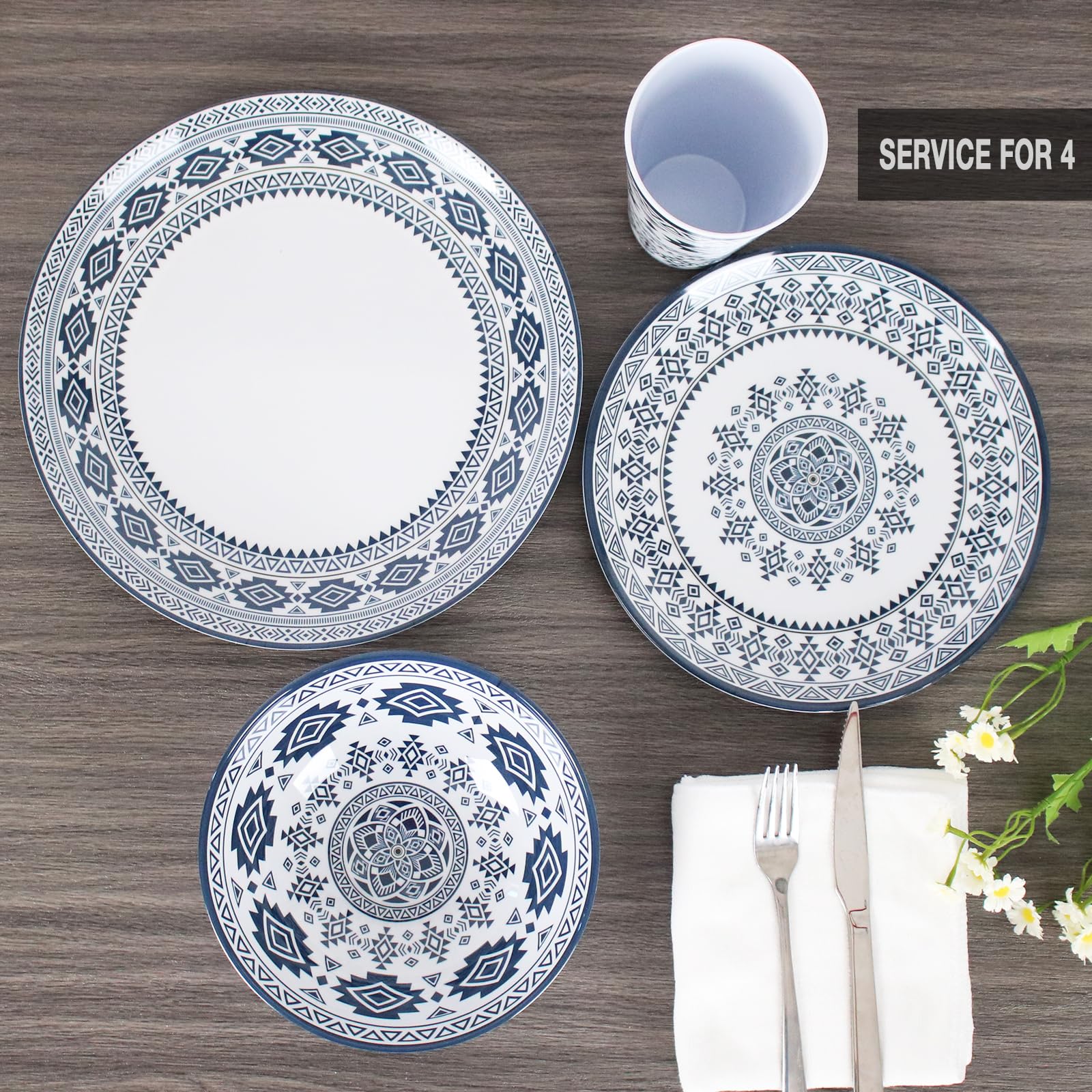 Melamine Dinnerware Set for 4-16 Pieces: Durable Camping Dishes Set with Dinner Plates, Salad Plates, Bowls & Cups - Lightweight Unbreakable Tableware for Indoor, Outdoor, Picnic & RV Use