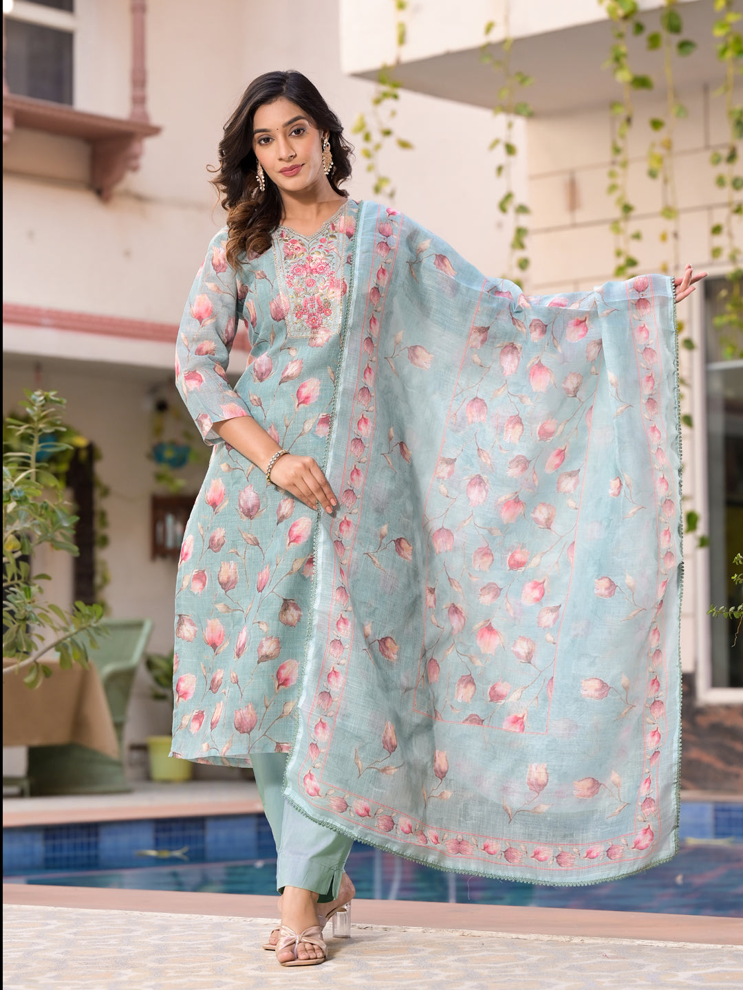 Stylish Blue Designer Pant Suit with Printed Embroidery - Elegant Women's Formal Wear for Office, Parties & Special Occasions
