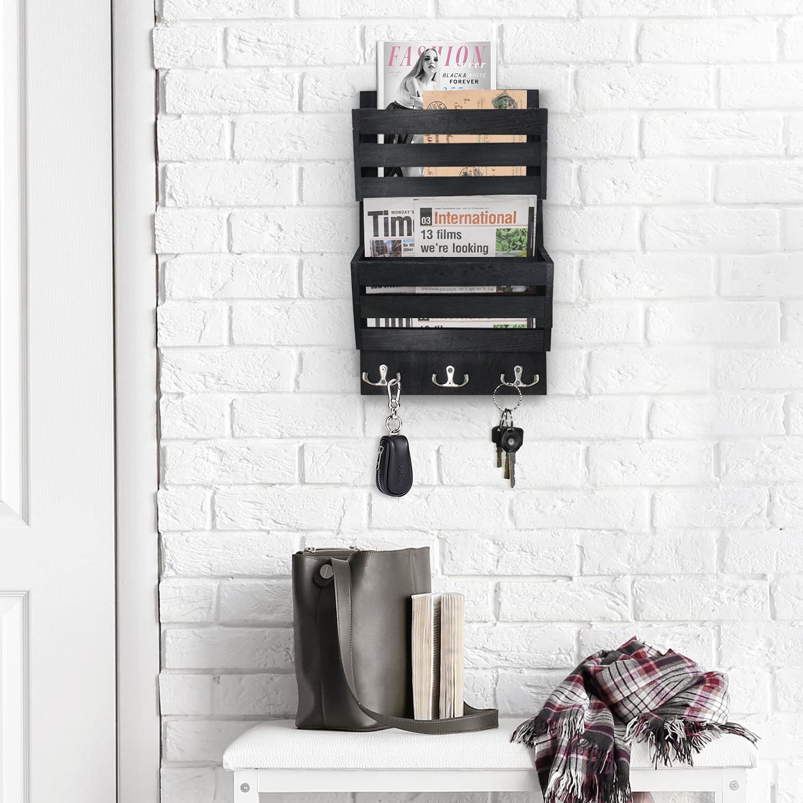 Rustic Wall Mounted Mail Organizer with 4 Key Hooks - Wooden Letter Holder for Mail, Magazines, Keys & Dog Leashes - Perfect for Entryway, Kitchen or Office Organization