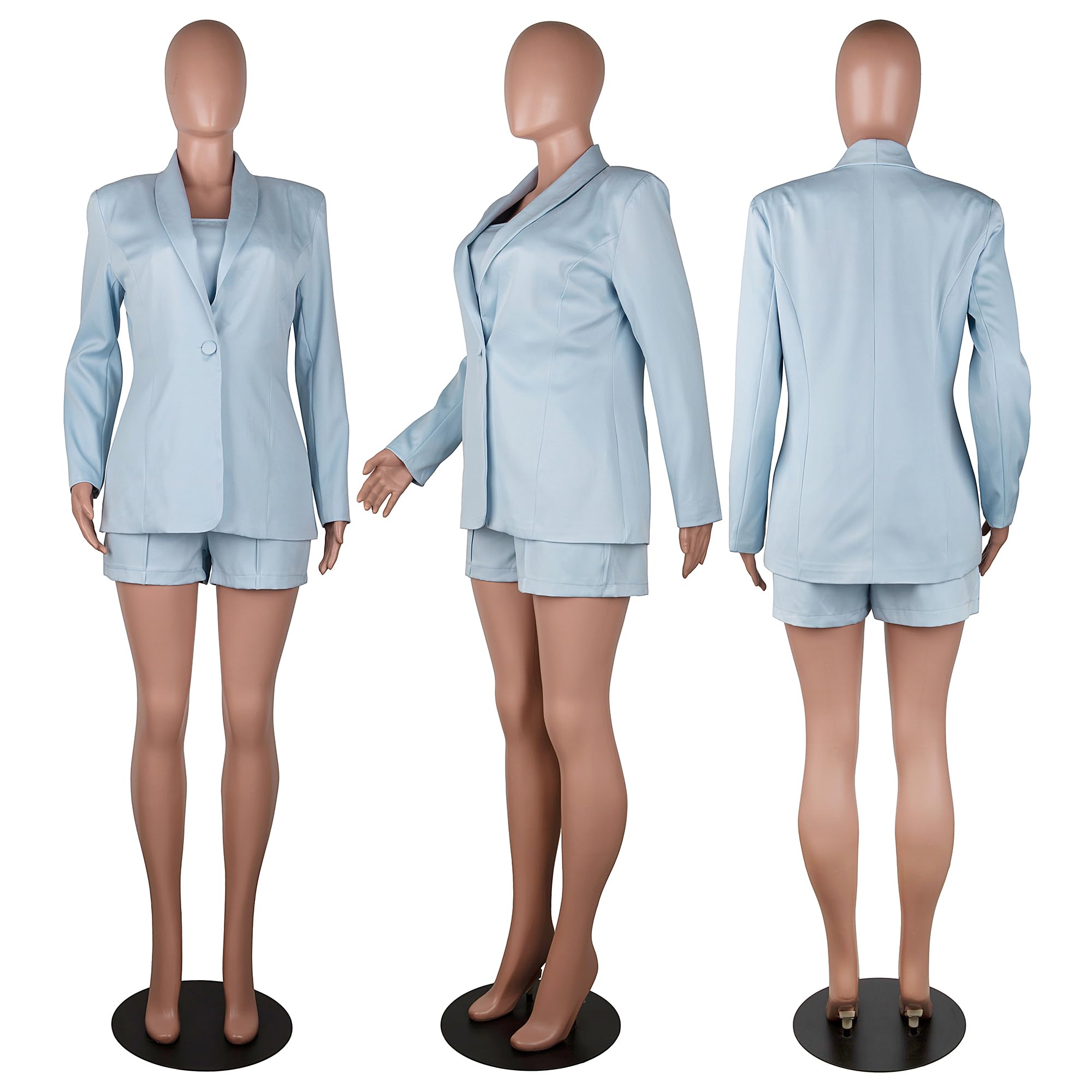 Women's 3-Piece Blazer Set - Long Sleeve Blazer, Cami Top & Shorts with Belt | Professional Business Outfit for Office, Meetings & Formal Events | Tcremisa Suit Set
