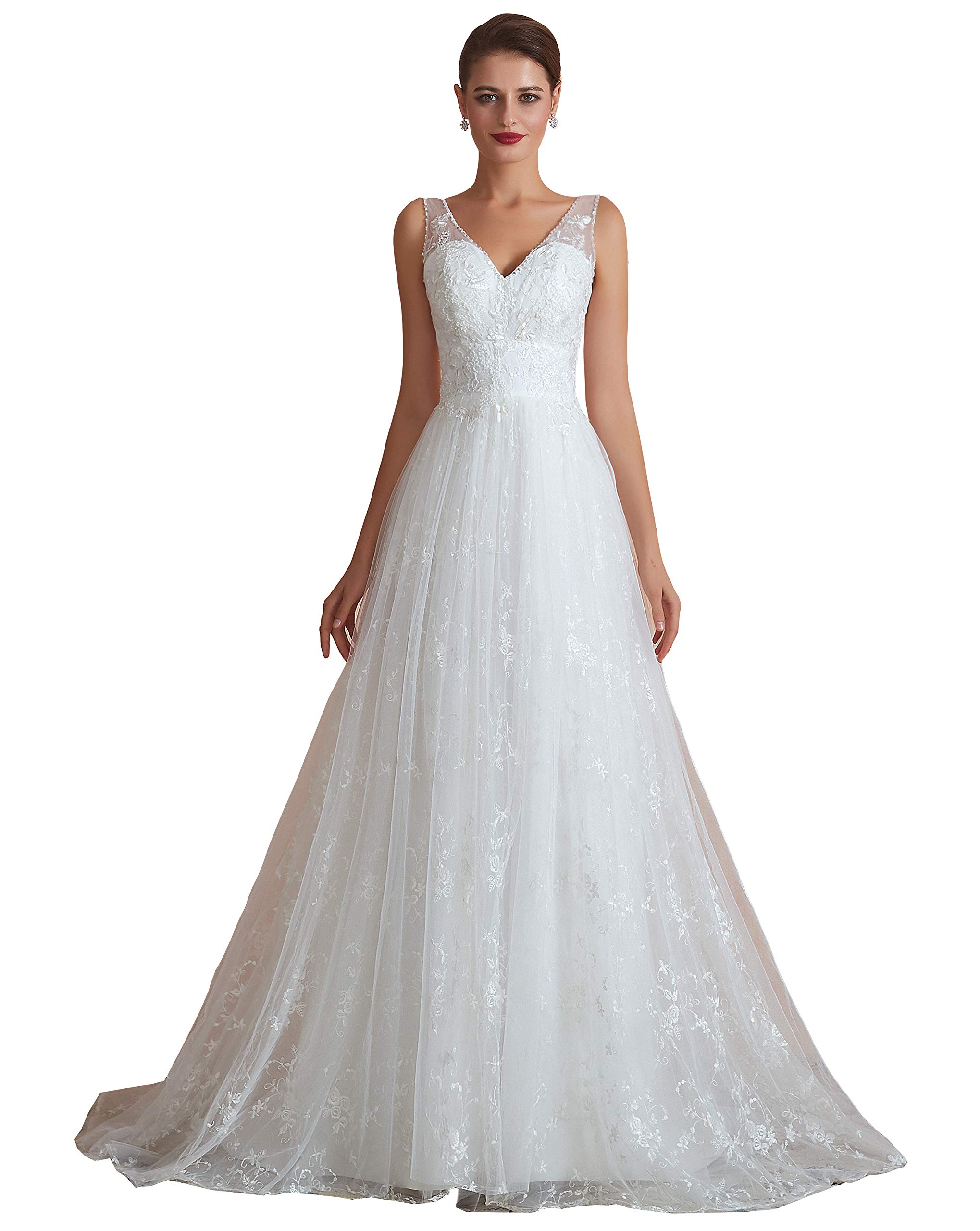 Elegant Women's V-Neck Lace Applique Sleeveless Tulle Wedding Dress | Bridal Gown for Beach, Church & Outdoor Ceremonies