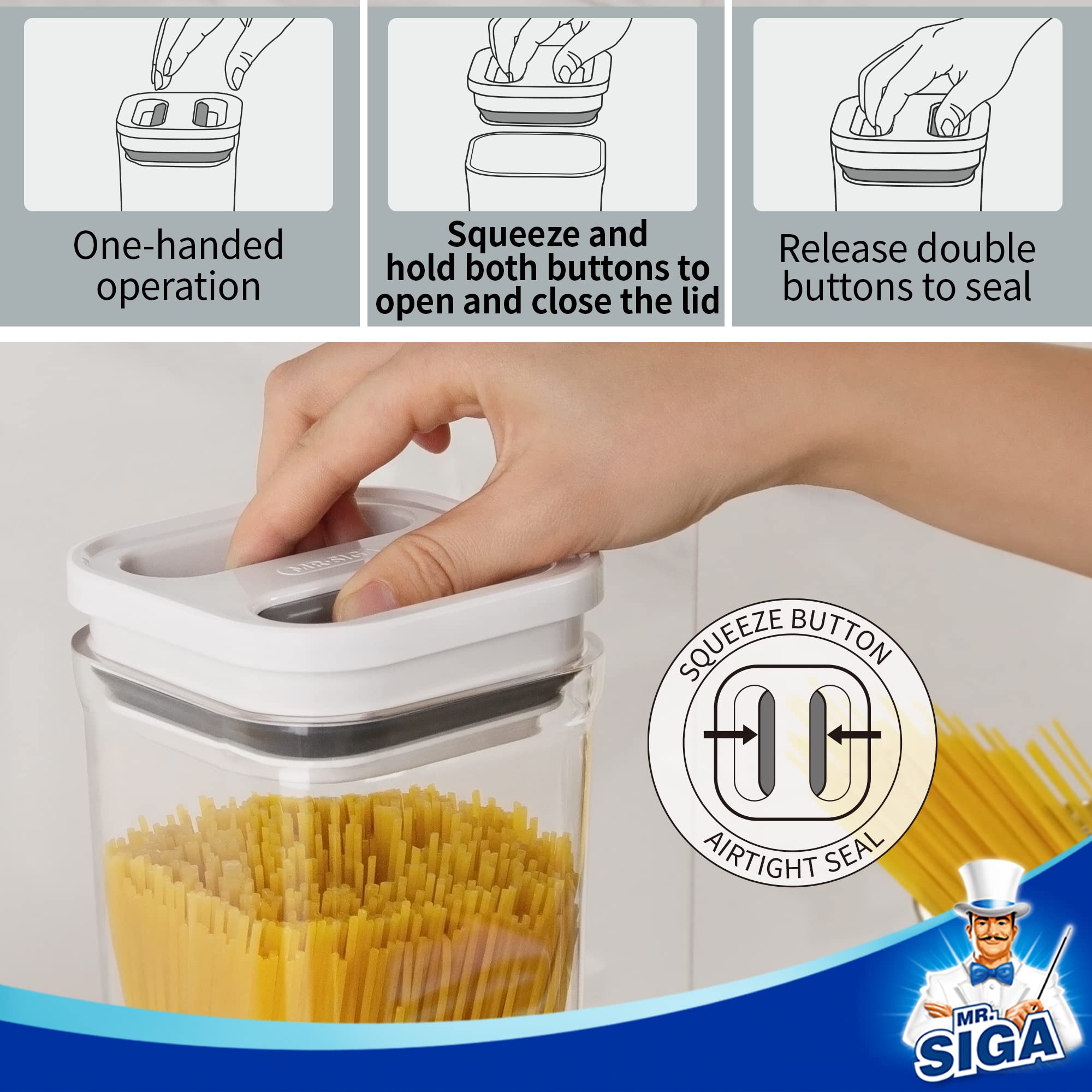 MR.SIGA 6-Piece Airtight Food Storage Container Set - BPA Free Kitchen Pantry Organization Canisters for Cereal, Pasta, Spaghetti & Dry Goods | One-Handed Operation | Perfect for Meal Prep, Baking & Kitchen Organization