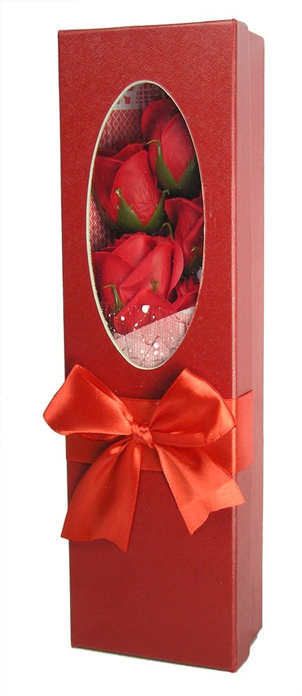 BANBERRY DESIGNS Artificial Red Rose Bouquet - Set of 5 Scented Silk Roses in Gift Box with Red Bow - 13