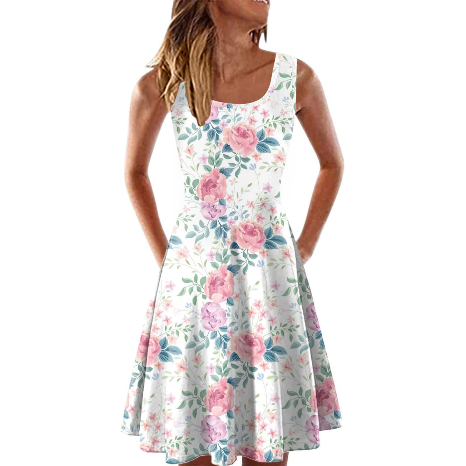 Women's White Striped Print Sundress - Sleeveless Boho Beach Cover Up Dress for Summer & Spring | Casual Swing Dress for Vacations, Pool Parties & Outdoor Events