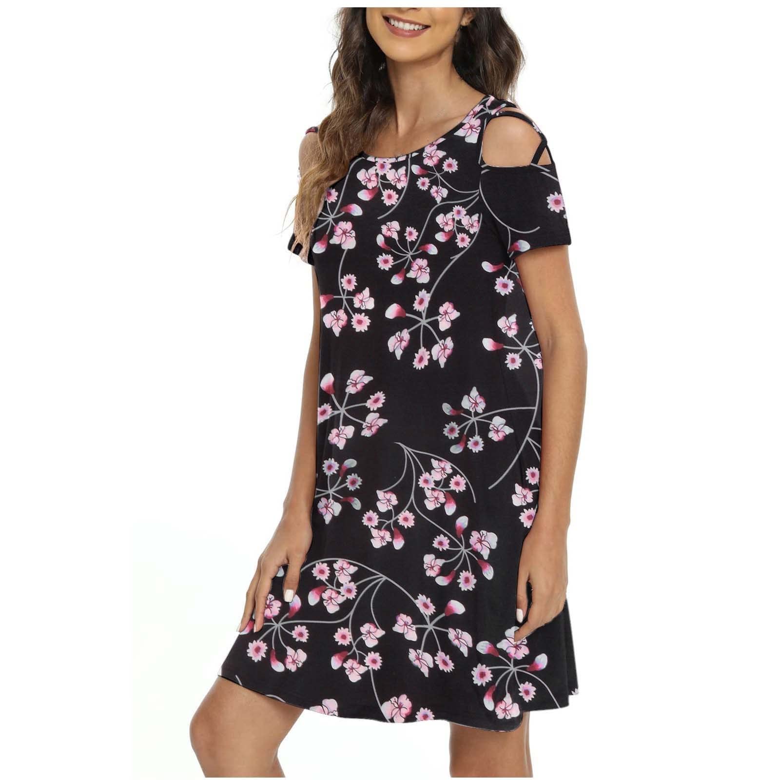 JSARLE Women's Sexy Strappy Cold Shoulder Cocktail Dress - Summer Wedding Guest T-Shirt Dress, Loose Fit Casual Beach Dress for Party, Vacation & Date Night