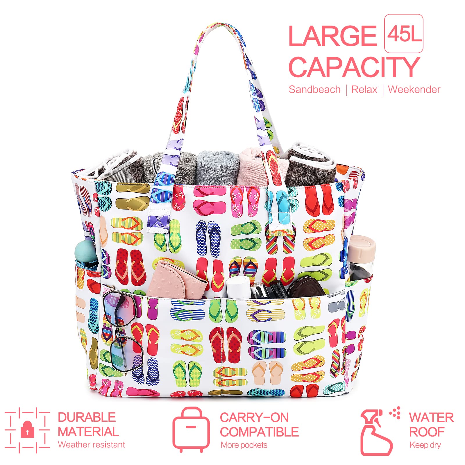 Waterproof Large Beach Tote Bag for Women - Sandproof Zippered Pool & Gym Bag with Wet Pocket - Perfect for Travel, Grocery Shopping & Beach Days