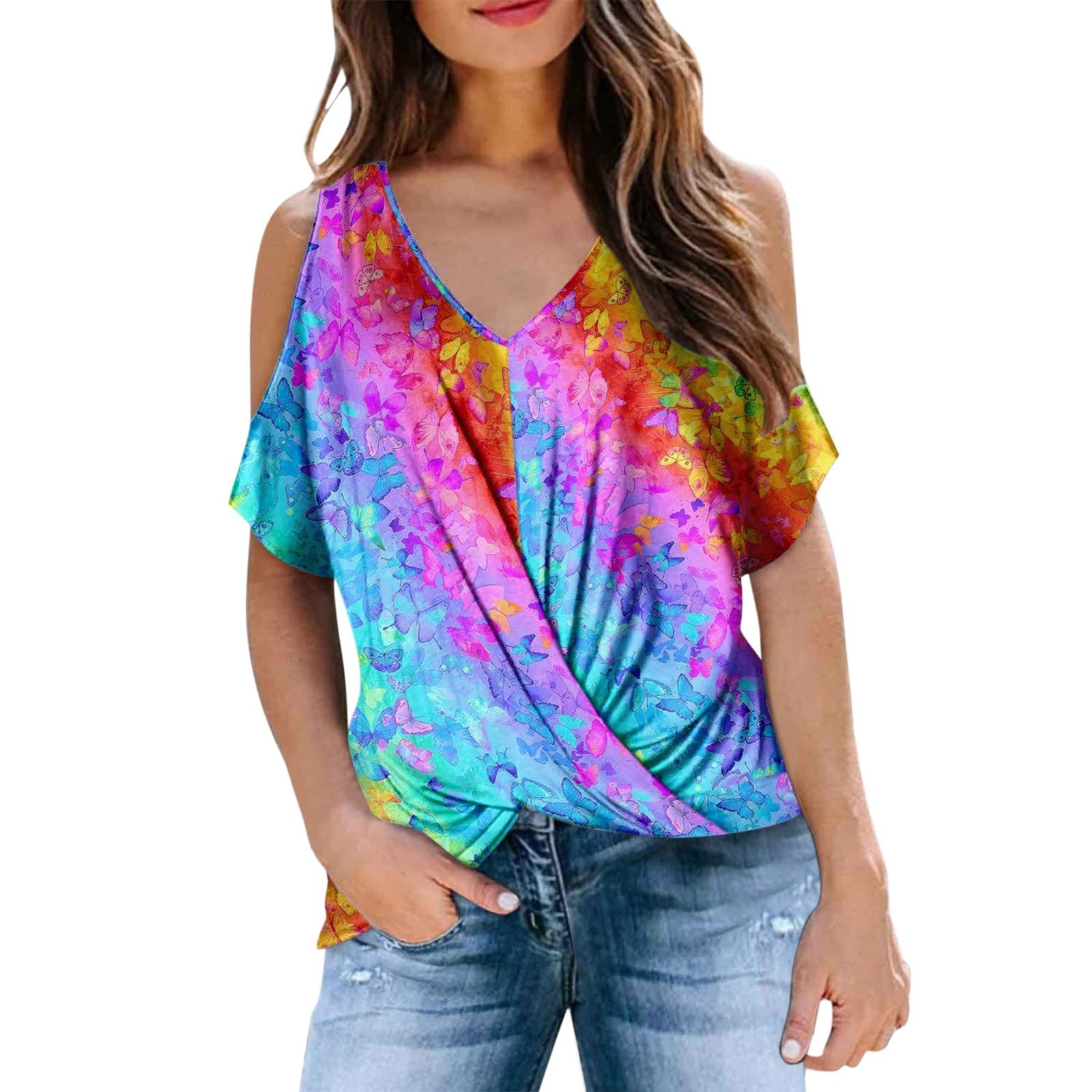 Women's Summer Short Sleeve Cold Shoulder T-Shirt - V Neck Twist Knot Front Draped Blouse | Casual Wear, Beach Outfit, Party Top