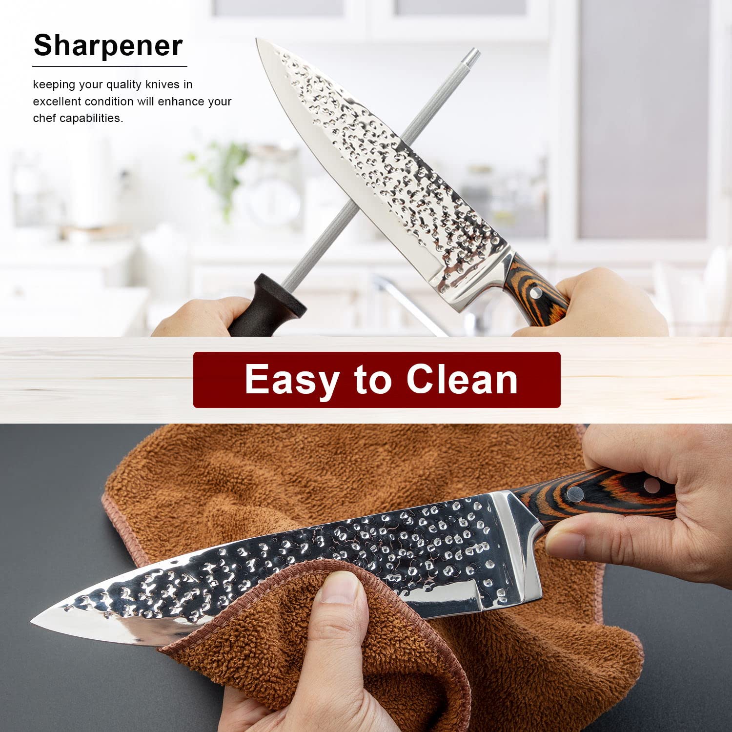 15-Piece Premium Japanese Stainless Steel Kitchen Knife Set with Wooden Block - High Carbon Hammered Chef Knives, Steak Knives & Self-Sharpening System - Perfect for Home Cooking, Professional Chefs & Gourmet Food Preparation