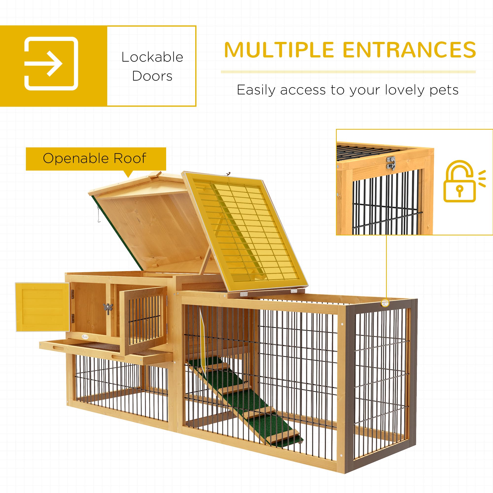 Premium PawHut 2-Story Outdoor Rabbit Hutch with Slide-Out Tray & Run Cage - Openable Top for Rabbits & Guinea Pigs (Yellow) - Perfect for Backyard, Garden, or Patio Small Pet Housing