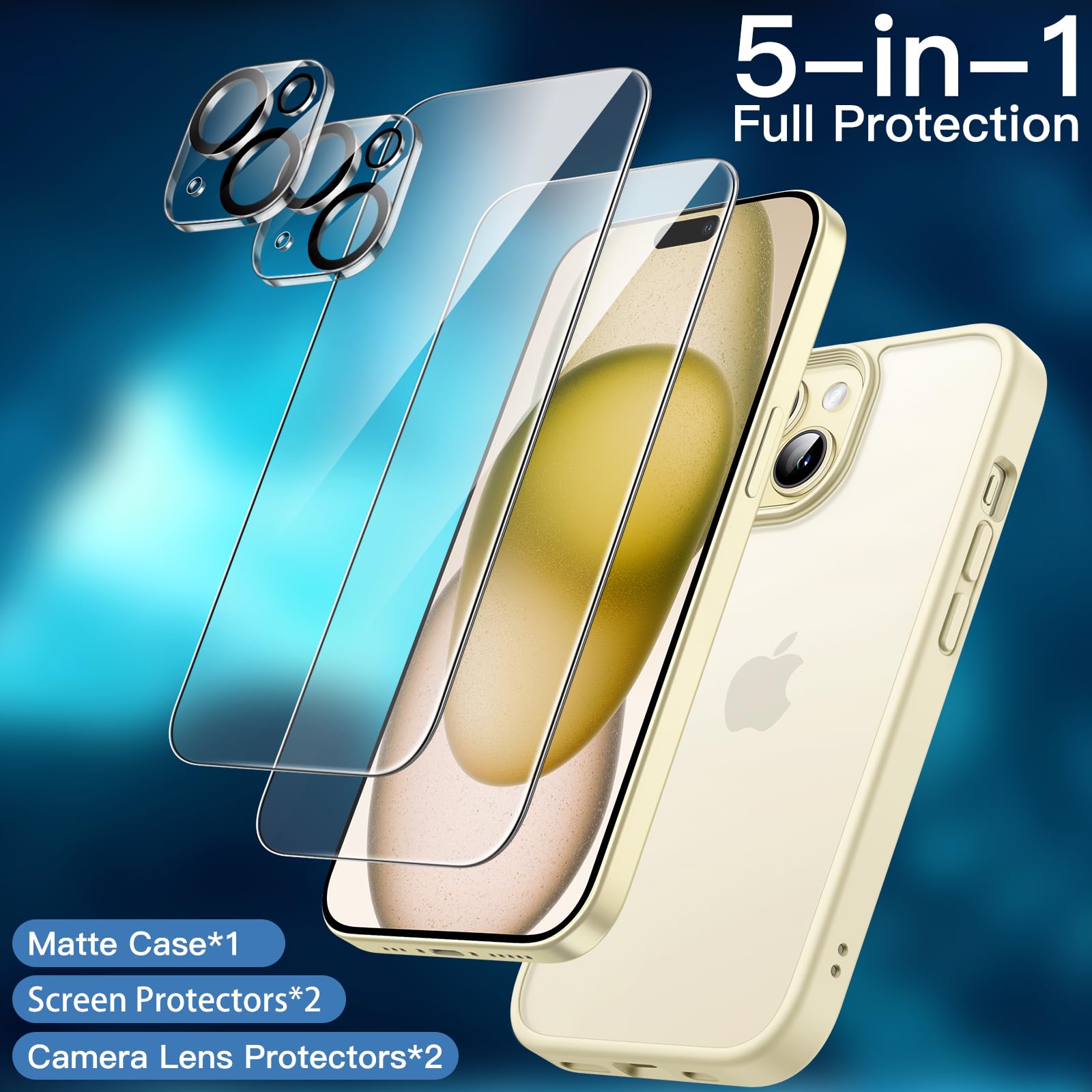 JETech 5-in-1 Matte Shockproof Case for iPhone 15 (6.1-Inch) with 2-Pack Tempered Glass Screen Protectors & Camera Lens Protector - Translucent Yellow Back Cover | Perfect for Outdoor Activities, Work & Daily Protection