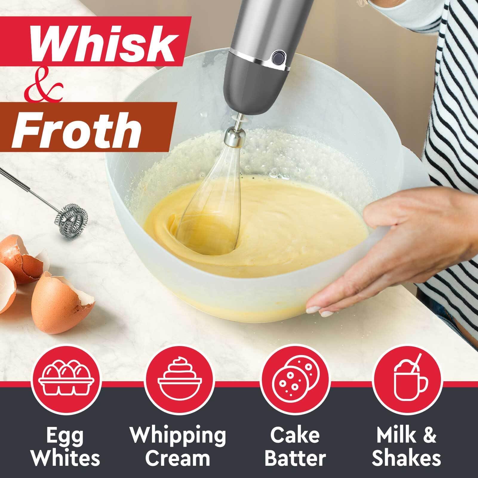 Mueller 800W 4-in-1 Immersion Blender Hand Mixer - 12 Speed with Turbo Boost, Heavy Duty Copper Motor & Titanium Blades, Includes Milk Frother, Whisk, Beaker & Chopper - Perfect for Smoothies, Soups, Sauces & Baking (Grey)