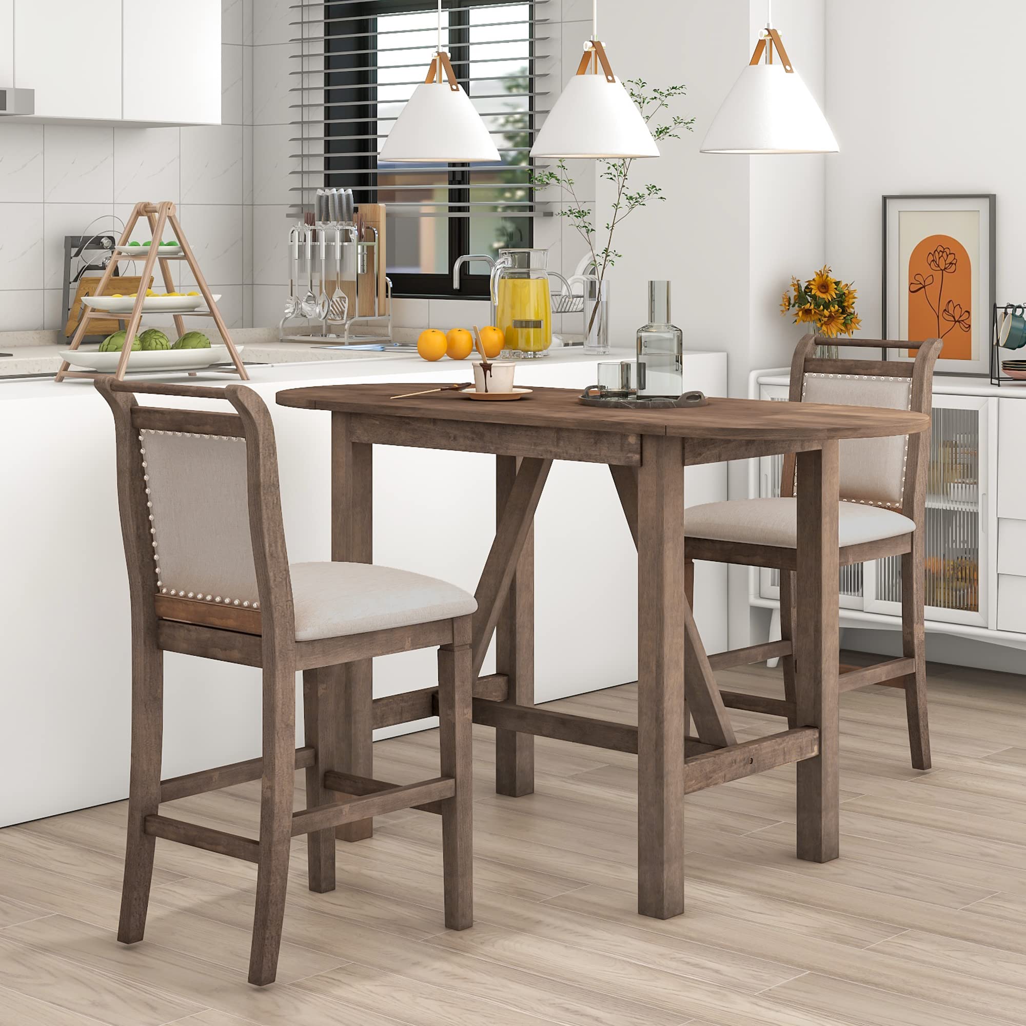 Farmhouse 3-Piece Counter Height Dining Table Set with 2 Upholstered Chairs & Extendable Drop Leaf - Solid Wood Kitchen Table for Small Spaces (Brown) - Perfect for Breakfast Nooks, Apartments & Cozy Dining Areas