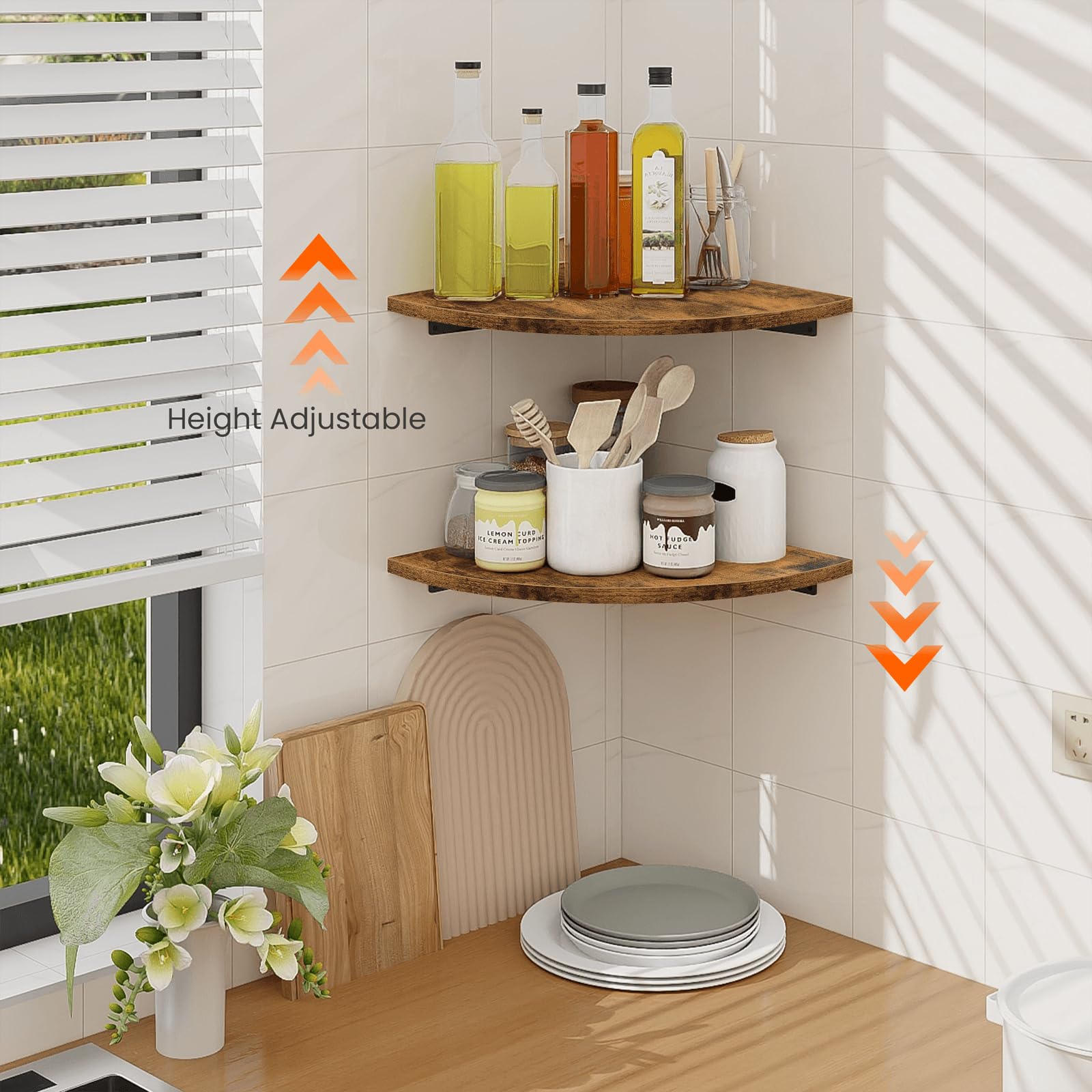 Homode 12 Inch Wood Floating Corner Shelves Set of 2 - Wall Mount Corner Shelf with Cord Hole, Rustic Brown - Perfect for Bathroom Storage, Bedroom Decor & Kitchen Organization