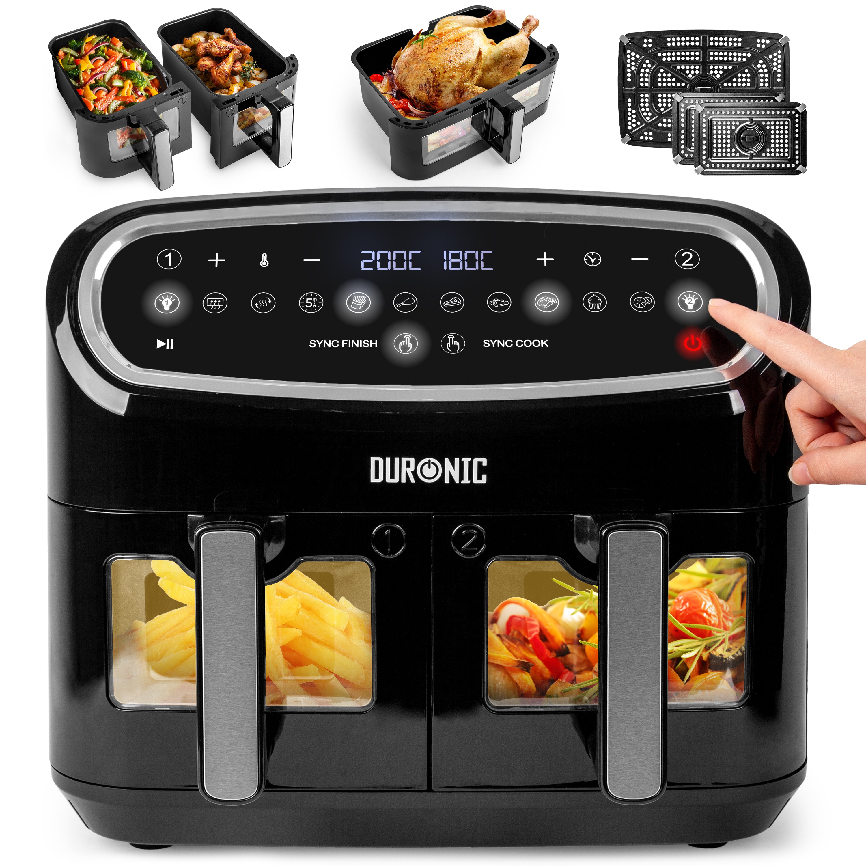 Duronic AF34 BK 10L Digital Air Fryer with Visual Window - Dual Zone, 10-in-1 Functions, Oil-Free Cooking for Healthy Meals - Air Fry, Roast, Bake - Family Size with Dishwasher Safe Non-Stick Baskets (Black) - Perfect for Quick Dinners, Snacks, and Meal Prep