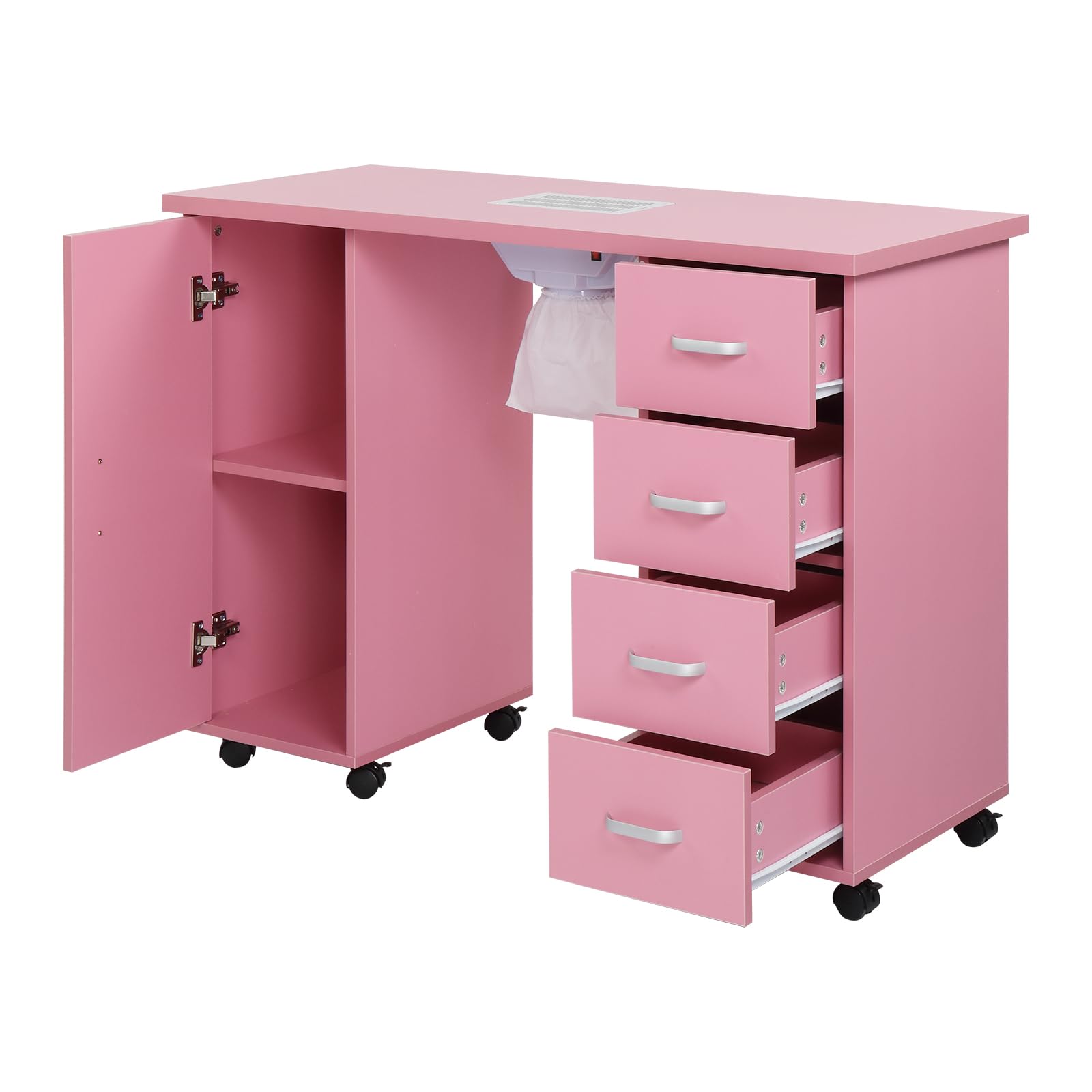 Professional Nail Tech Desk with Dust Collector & Electric Downdraft Vent - Portable Manicure Table on Wheels for Salon & Home Spa - Includes Single Door Cabinet & 4 Removable Drawers - Perfect for Nail Artists, Beauty Technicians & DIY Enthusiasts (Pink)