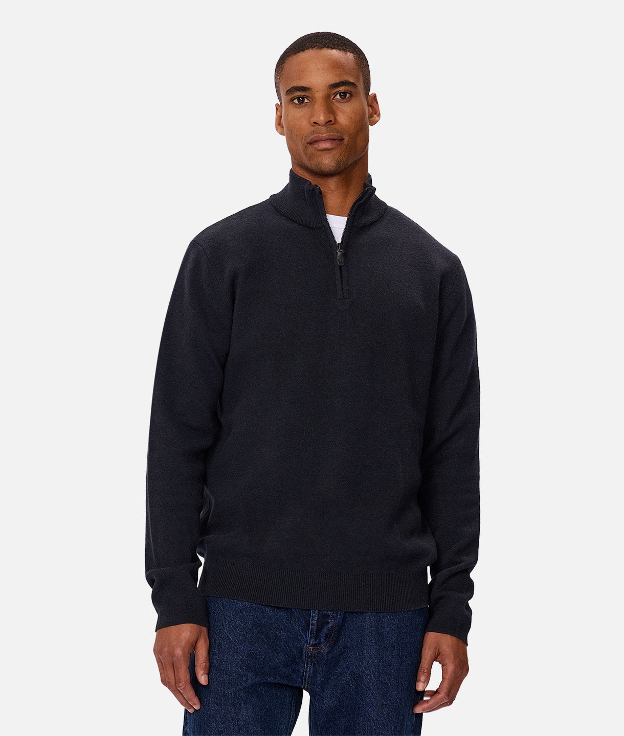 Lakewood Zip Neck Knit Sweater for Men - Dark Navy Melange Pullover for Casual Wear & Outdoor Activities