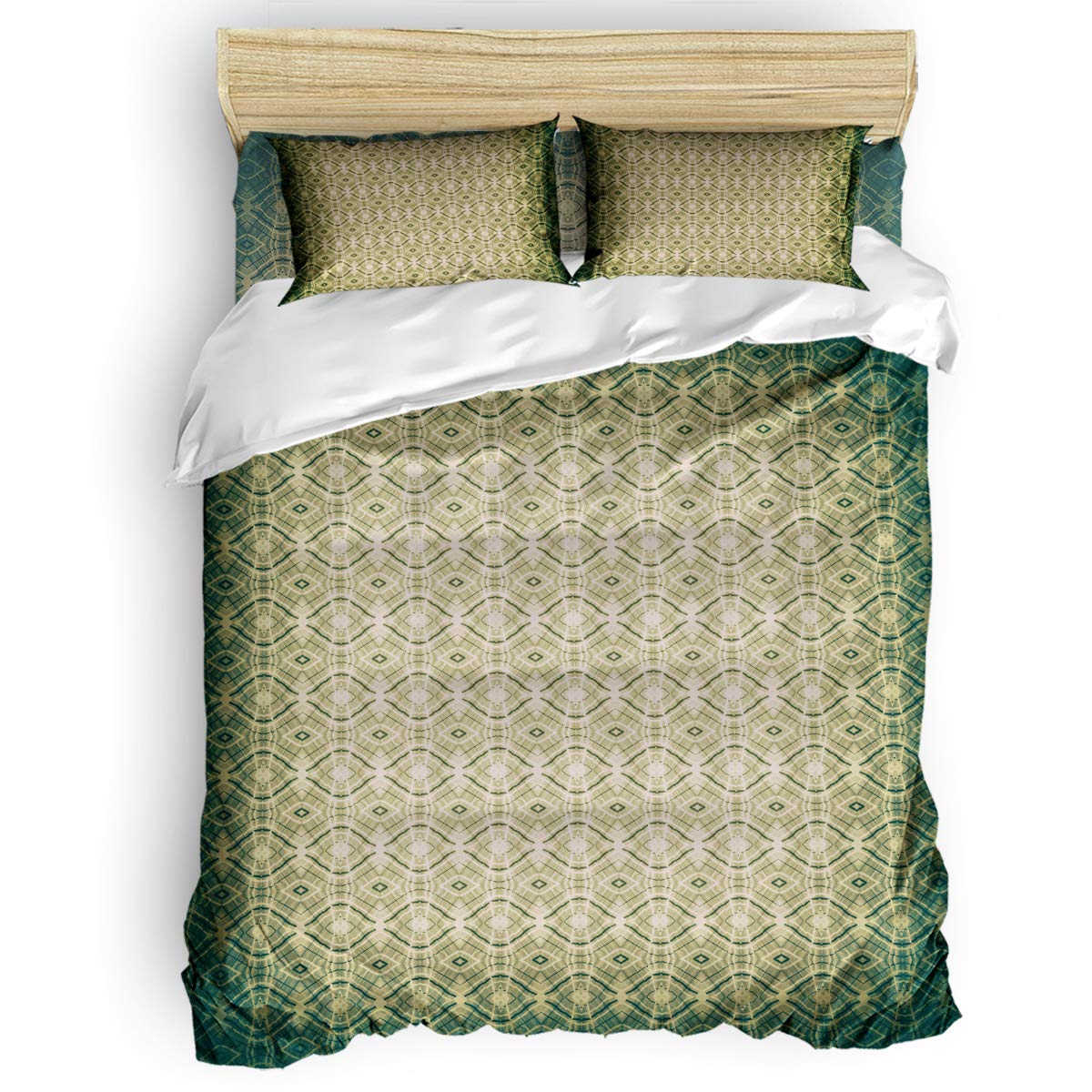 Modern Ombre Green Geometric Triangle Duvet Cover Set - Twin Size Moroccan Bedding Collection with Matching Pillow Shams & Flat Sheet | Stylish Bedroom Decor for Contemporary Homes & Guest Rooms