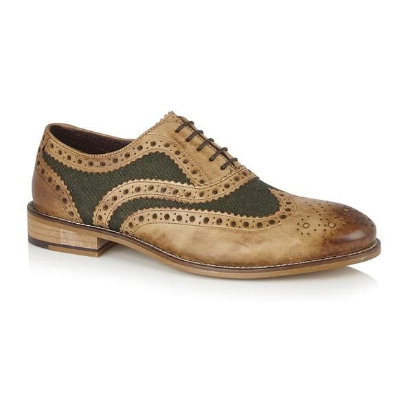 London Brogue Gatsby Leather Brogue Tan/Green Tweed Men's Shoes - Classic Vintage Style for Formal & Casual Wear - Perfect for Weddings, Office & Everyday Fashion