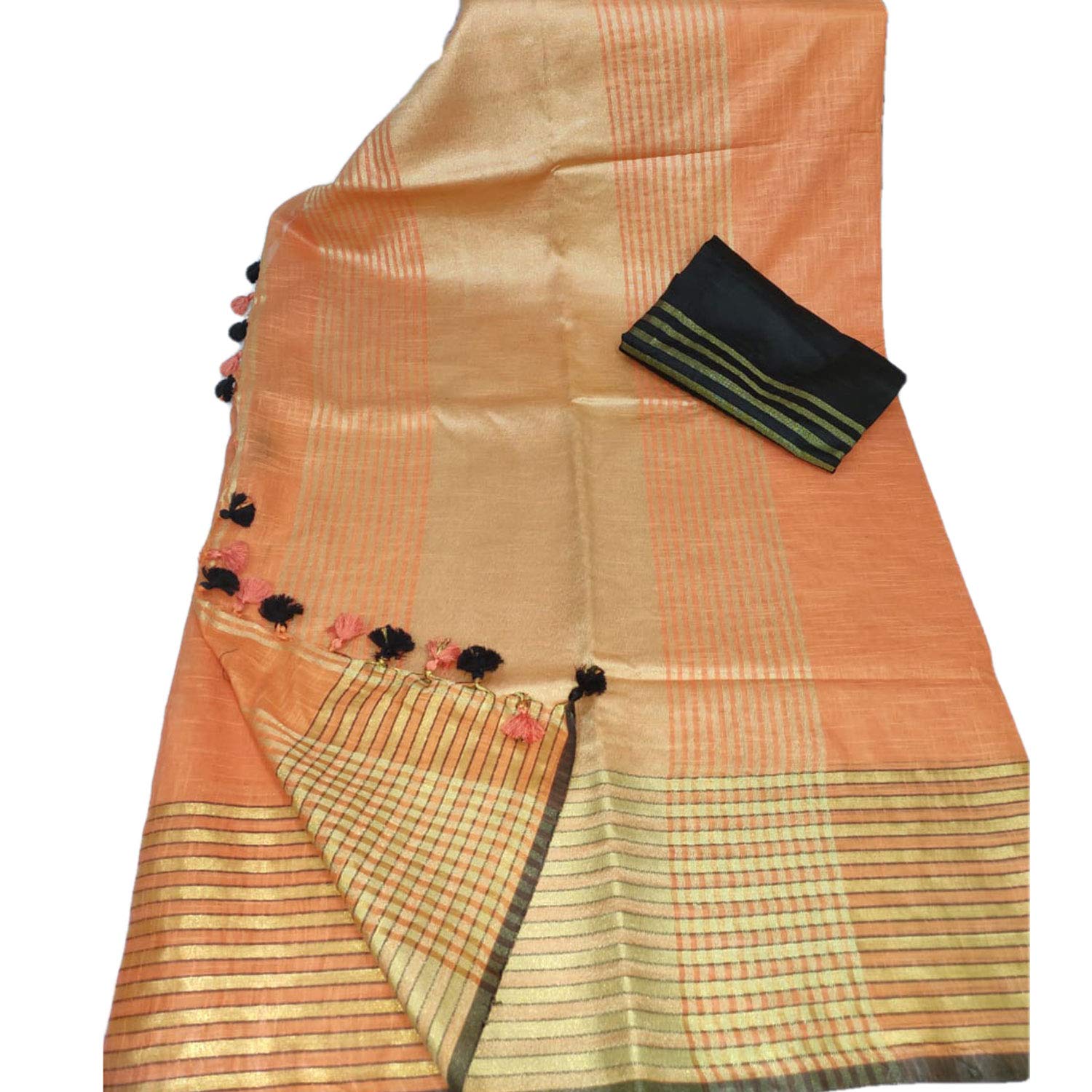 Authentic Indian Bhagalpuri Bihar Handloom Cotton Khadi Saree with Contrast Blouse (Orange & Black) | Traditional Ethnic Women's Wear for Christmas, Festivals & Special Occasions | Perfect for Cultural Events, Weddings & Holiday Celebrations