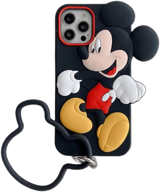 Shockproof Soft Silicone Phone Case with Ring Strap for Apple iPhone 12 Pro Max - 3D Cartoon Mouse Design Protective Cover (Black) | Cute Anime Style for Kids, Girls & Boys | Perfect for Daily Use, School & Outdoor Activities