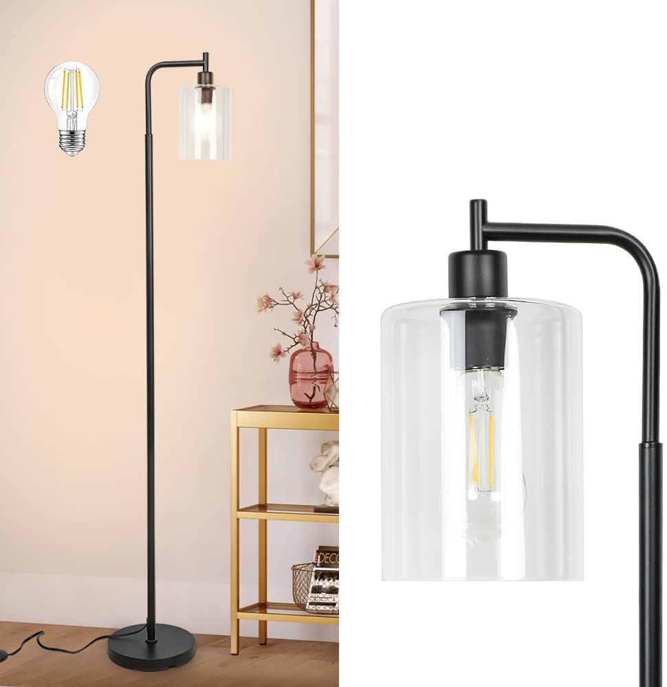 DLLT LED Floor Lamp - Modern Standing Lamp with Hanging Glass Shade, Eye-Caring Metal Reading Light, Industrial Warm White Floor Lamp for Living Room, Bedroom, Office (Bulb Included) | Perfect for Cozy Reading Nooks, Home Office Lighting & Bedside Illumination