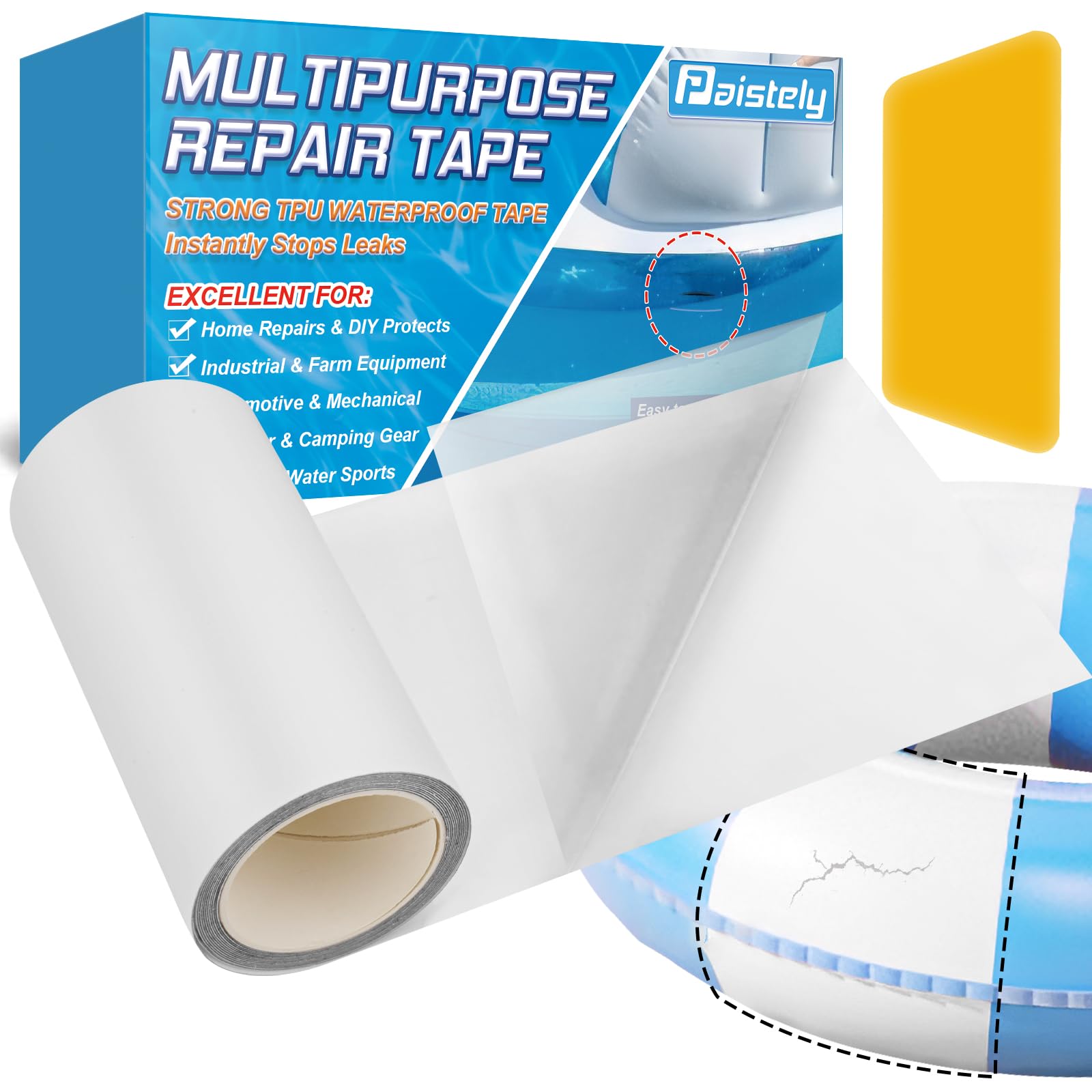 4 in x 7 ft Roll Air Mattress & Pool Patch Repair Kit - Heavy Duty Underwater Adhesive for Inflatable Toys, Swimming Pools, Bounce Houses, Tents, Floats - Perfect for Quick Leak Fixes at Home, Camping or Pool Parties