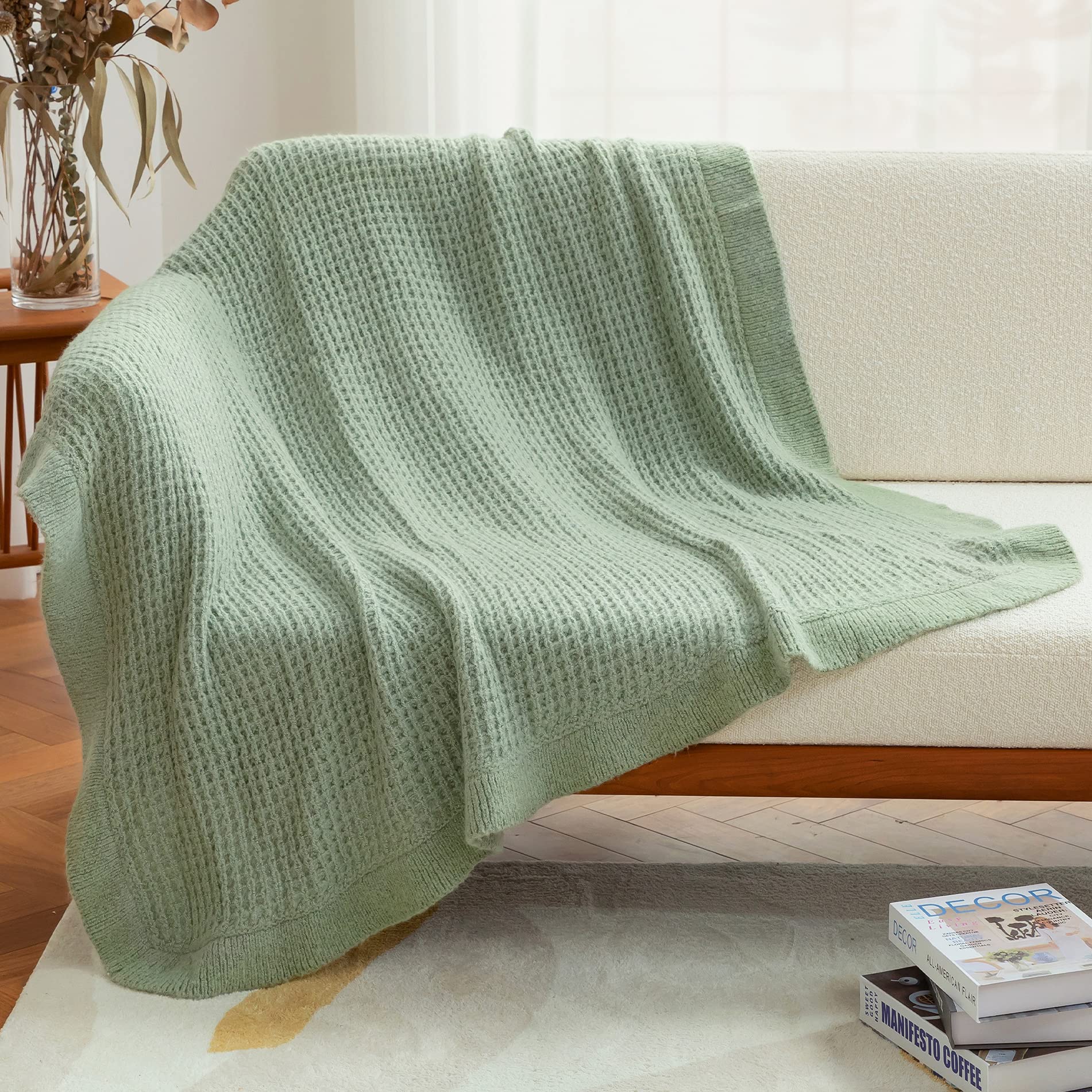 Amélie Home Soft Cozy Waffle Knit Throw Blanket with Ruffled Fringe - Lightweight Knitted Blanket for Couch, Bed & Sofa - Sage Green 50