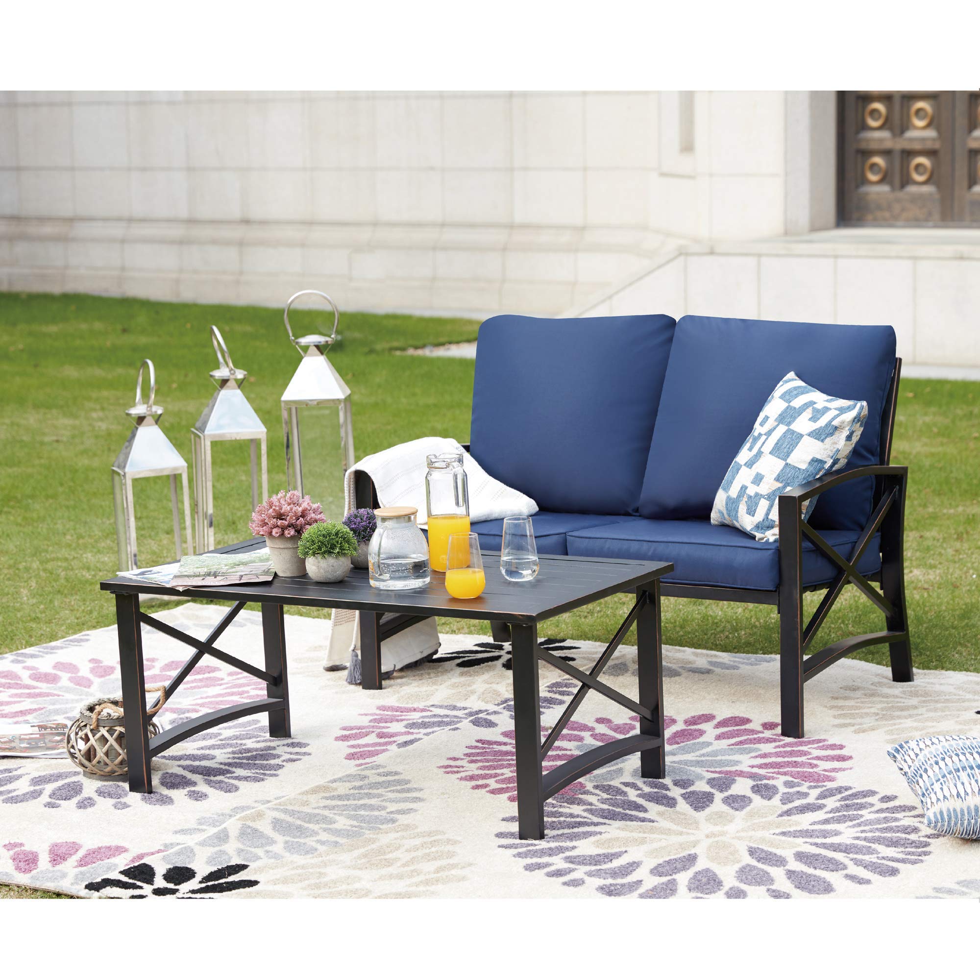 LOKATSE HOME 2-Piece Outdoor Patio Loveseat Set with Cushions - Metal Conversation Chairs & Coffee Table in Blue - Perfect for Garden, Backyard, and Poolside Relaxation