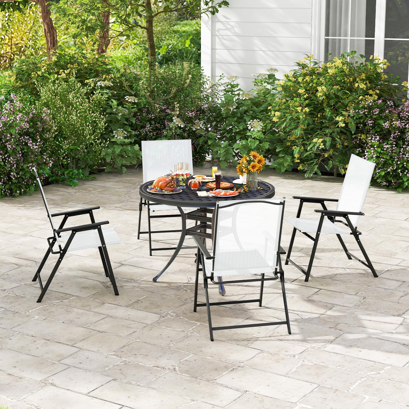 Giantex 4-Pack Folding Patio Chairs - Rustproof Metal Frame Outdoor Lawn Chairs for Porch, Deck, Garden, Backyard & Camping - Portable Dining Chairs (White) | Perfect for BBQs, Picnics, Poolside Relaxation & Outdoor Events