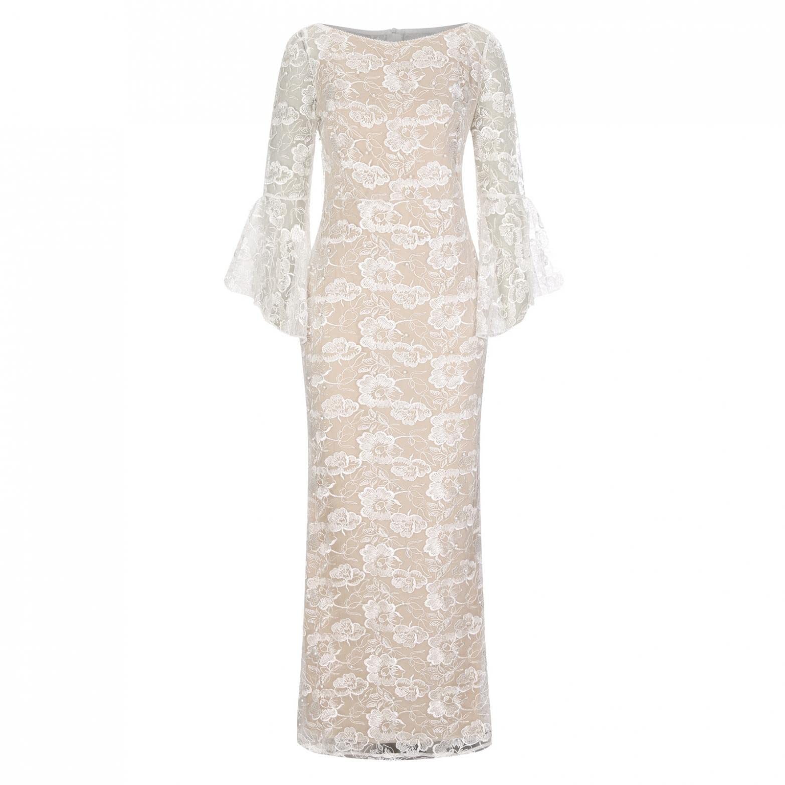 Elegant Women's Floral Lace Long Flared Sleeve Pearl Embellished Round Neck Dress - Slimming Evening Gown for Wedding Guest, Party & Special Occasions