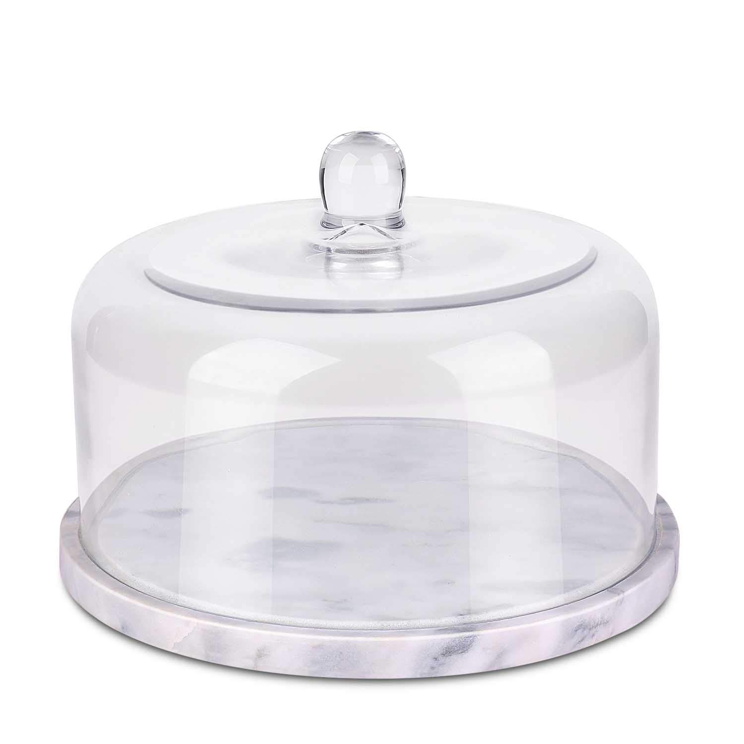 Flexzion 8.7 Inch Marble Cheese Holder & Cake Stand with Glass Lid - Elegant Cheese Dome, Cake Saver Serving Platter, Stone Cutting Board for Kitchen, Dining Room & Bakery Display - Perfect for Weddings, Parties & Dessert Presentation