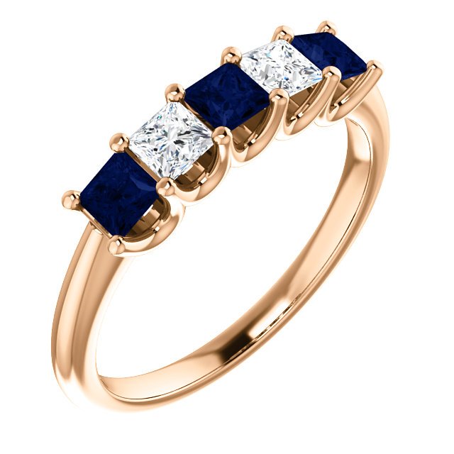 14K Gold 0.60 CTW Sapphire & 0.33 CTW Diamond Square 5 Stone Ring Band - Elegant Wedding, Anniversary, or Engagement Jewelry Gift for Women