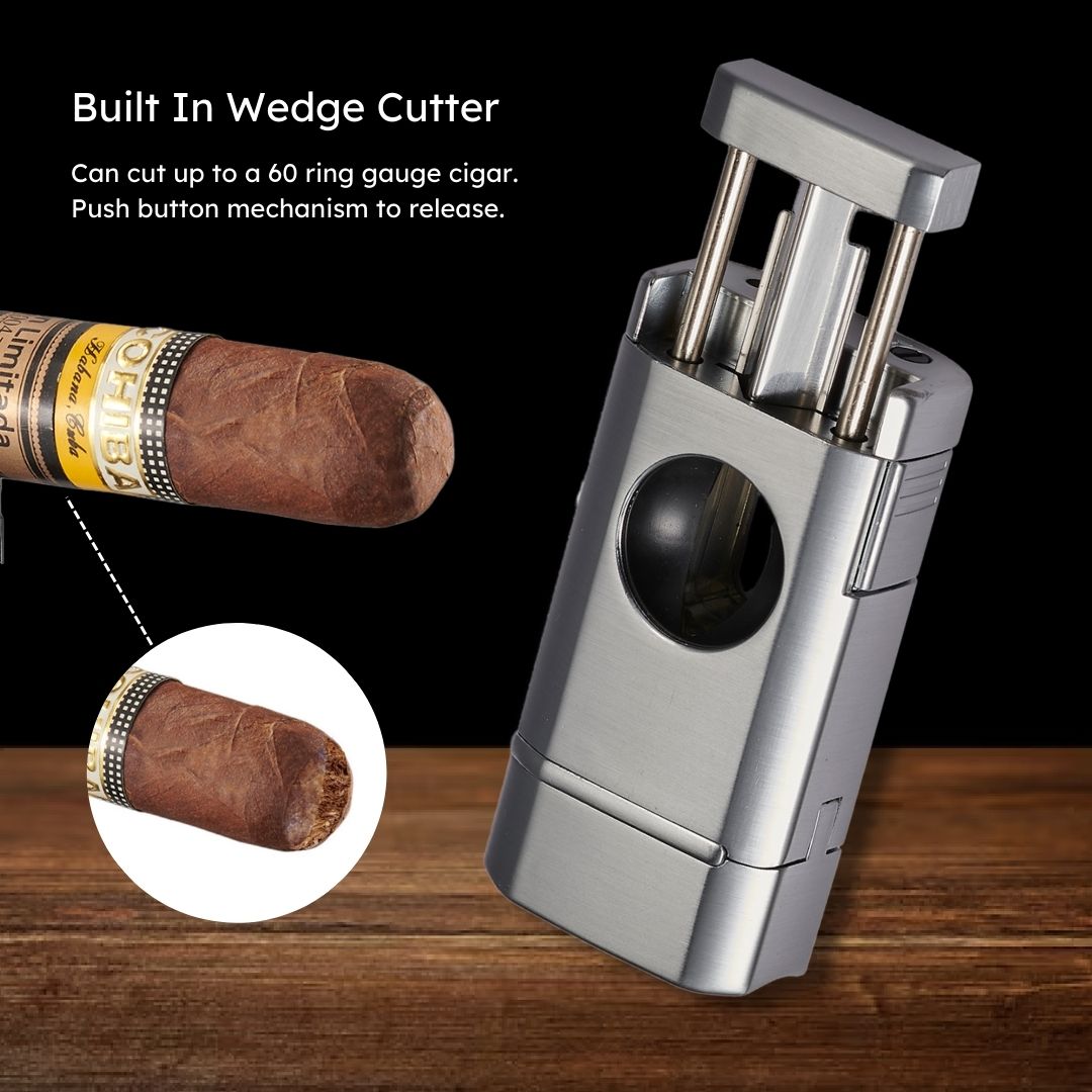 Visol Diablo Triple Torch Flame Lighter with Spring V Cutter - Silver | Windproof Butane Lighter for Cigars, BBQ, Camping & Outdoor Use