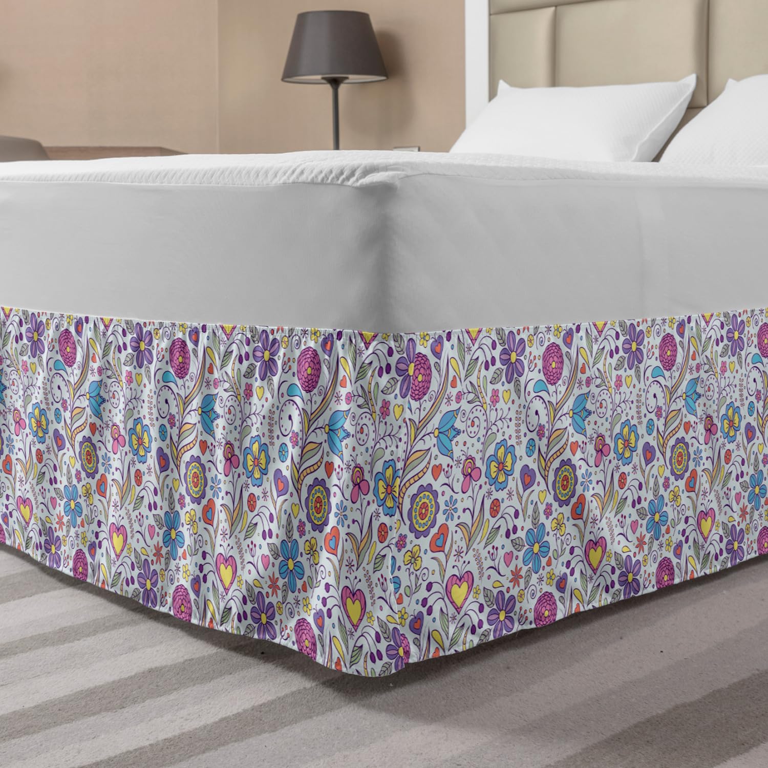 Ambesonne Pastel Bed Skirt with Peonies, Daisies & Tulips Floral Design - Colorful Doodle Style Botanical Garden Pattern with Hearts - Wrap Around Elastic Gathered Bedskirt for Queen Size Beds - Perfect for Bedroom Decor, Guest Rooms & Nursery Decorations