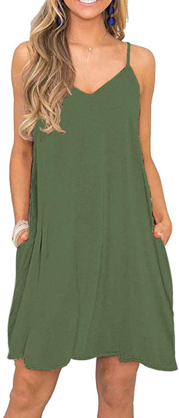 BEUFRI Women's Summer Spaghetti Strap Swing Dress - Casual Sleeveless Tank Top with Pockets - Perfect for Beach Cover Up, Vacation & Outdoor Activities