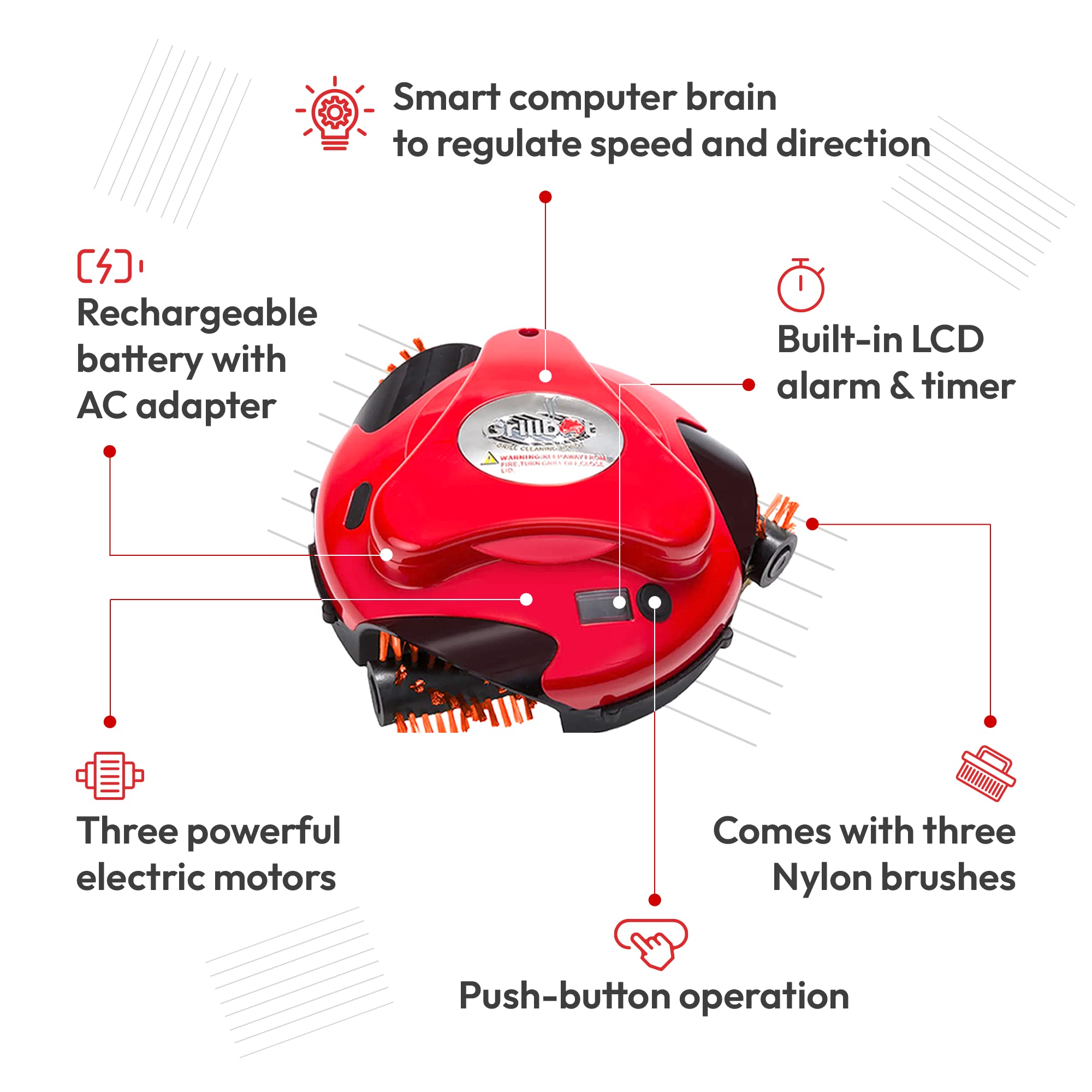 Grillbot Automatic BBQ Grill Cleaner Robot with Durable Nylon Brushes - Electric Grill Scraper & Brush for Outdoor Cooking Accessories (Red) - Perfect for Backyard BBQs, Camping & Patio Parties